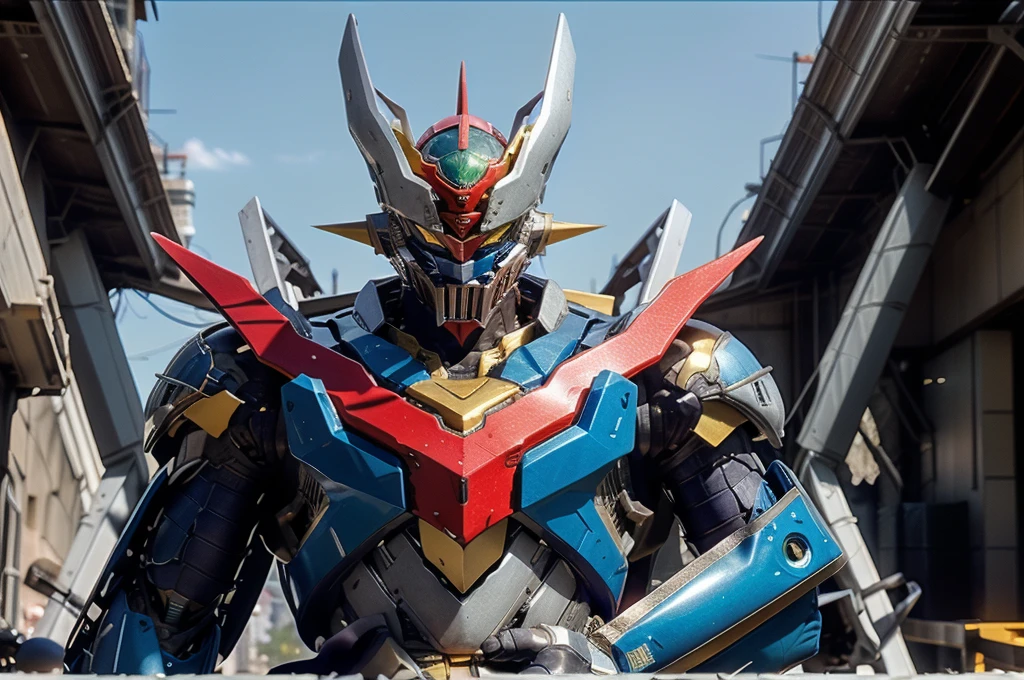 A man wearing a full-face helmet, a fantasy-style biotech armored combat suit, green eyes, (a composite layered chest armor), fully enclosed shoulder guards, matching arm and leg guards, the belt is adorned with Z mark, (the color scheme is primarily white with red and blue accents), the design balances heavy with agility, a high-tech bio-mecha armor, (Armor Concept Inspired by Mazinger Z, stand on the top of a skyscraper in a futuristic sci-fi city), this character embodies a finely crafted fantasy-surreal style armored hero in anime style, exquisite and mature manga art style, (battle damage, element, plasma, energy, the armor glows), ((male:1.5)), metallic, real texture material, dramatic, high definition, best quality, highres, ultra-detailed, ultra-fine painting, extremely delicate, professional, perfect body proportions, golden ratio, anatomically correct, symmetrical face, extremely detailed eyes and face, high quality eyes, creativity, RAW photo, UHD, 32k, Natural light, cinematic lighting, masterpiece-anatomy-perfect, masterpiece:1.5