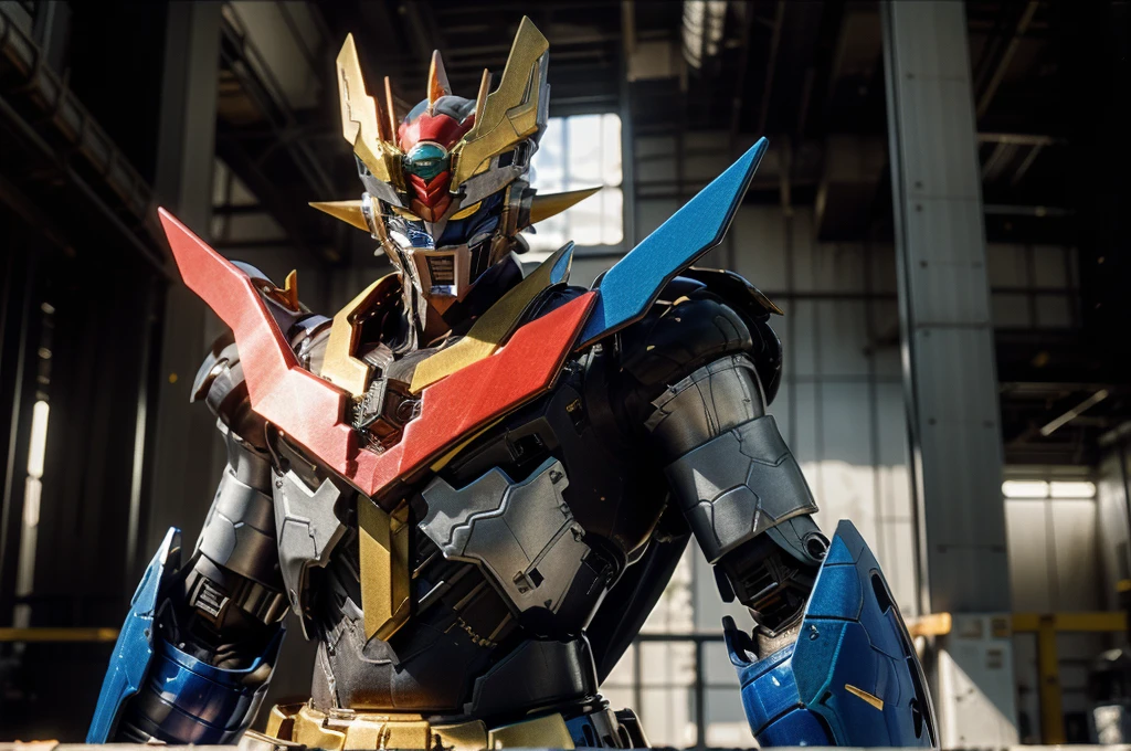 A man wearing a full-face helmet, a fantasy-style biotech armored combat suit, green eyes, (a composite layered chest armor), fully enclosed shoulder guards, matching arm and leg guards, the belt is adorned with Z mark, (the color scheme is primarily white with red and blue accents), the design balances heavy with agility, a high-tech bio-mecha armor, (Armor Concept Inspired by Mazinger Z, stand on the top of a skyscraper in a futuristic sci-fi city), this character embodies a finely crafted fantasy-surreal style armored hero in anime style, exquisite and mature manga art style, (battle damage, element, plasma, energy, the armor glows), ((male:1.5)), metallic, real texture material, dramatic, high definition, best quality, highres, ultra-detailed, ultra-fine painting, extremely delicate, professional, perfect body proportions, golden ratio, anatomically correct, symmetrical face, extremely detailed eyes and face, high quality eyes, creativity, RAW photo, UHD, 32k, Natural light, cinematic lighting, masterpiece-anatomy-perfect, masterpiece:1.5