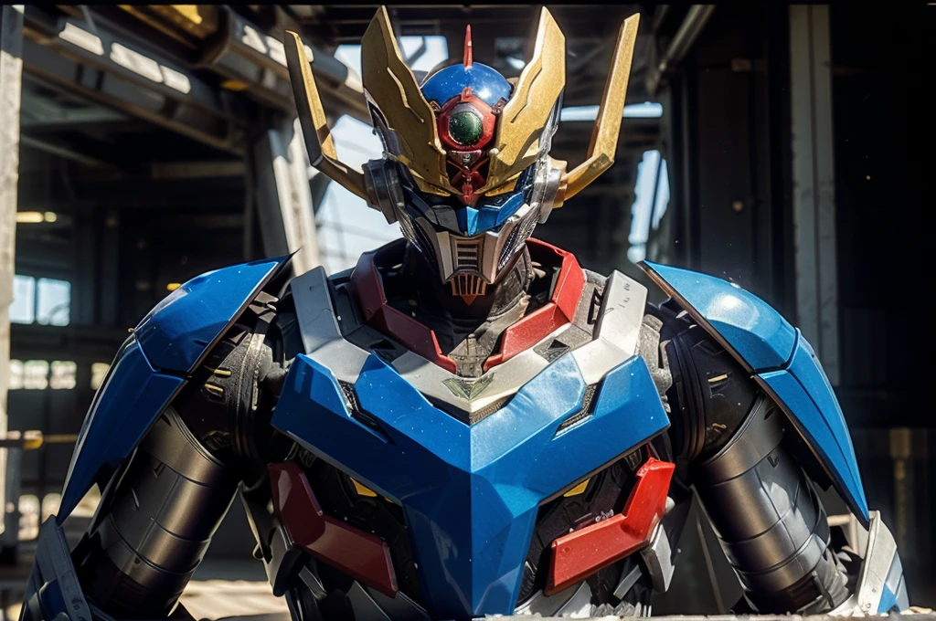 A man wearing a full-face helmet, a fantasy-style biotech armored combat suit, green eyes, (a composite layered chest armor), fully enclosed shoulder guards, matching arm and leg guards, the belt is adorned with Z mark, (the color scheme is primarily white with red and blue accents), the design balances heavy with agility, a high-tech bio-mecha armor, (Armor Concept Inspired by Mazinger Z, stand on the top of a skyscraper in a futuristic sci-fi city), this character embodies a finely crafted fantasy-surreal style armored hero in anime style, exquisite and mature manga art style, (battle damage, element, plasma, energy, the armor glows), ((male:1.5)), metallic, real texture material, dramatic, high definition, best quality, highres, ultra-detailed, ultra-fine painting, extremely delicate, professional, perfect body proportions, golden ratio, anatomically correct, symmetrical face, extremely detailed eyes and face, high quality eyes, creativity, RAW photo, UHD, 32k, Natural light, cinematic lighting, masterpiece-anatomy-perfect, masterpiece:1.5