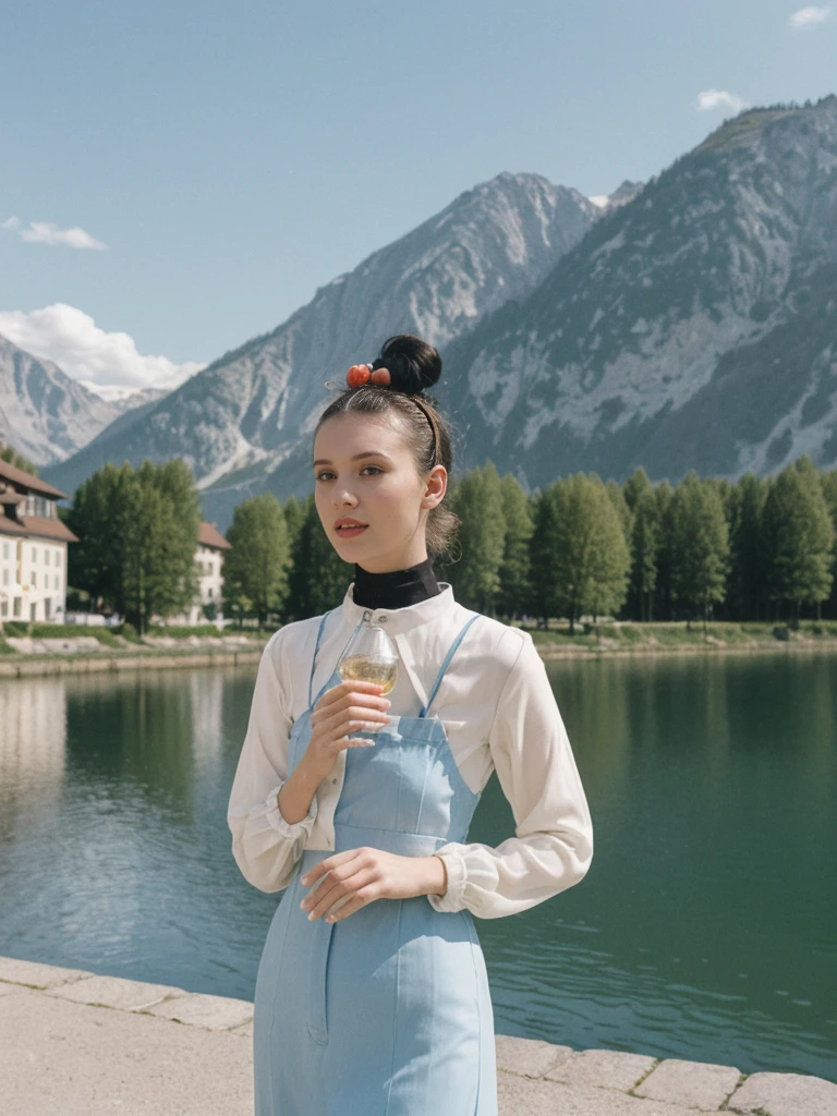her name is Amelie, high quality, 1girl, ((25-year-old fit Caucasian woman)), ((25 years old)), ((BODY TYPE: HOURGLASS)), ((Space Buns HAIR)), pose: STANDING, wearing IN DEMAND FANCY Generation-Z modern wear VARIETY colored, BACKGROUND: "Strolling through the idyllic lakeside village with its picturesque alpine backdrop and charming historic houses."
