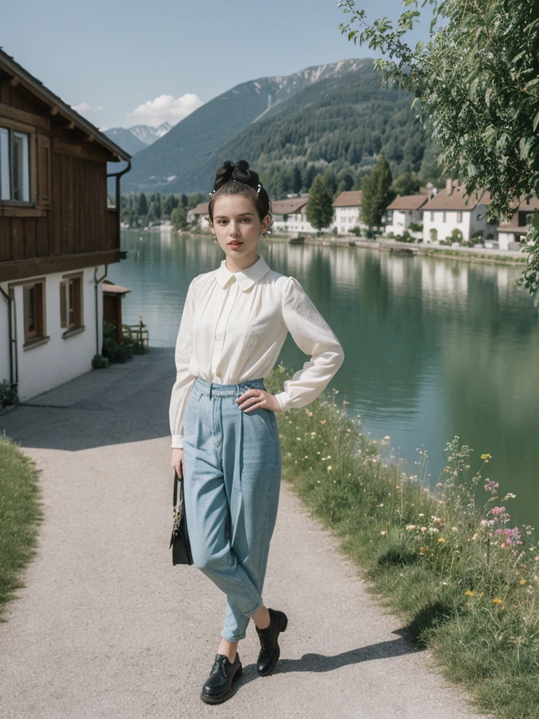 her name is Amelie, high quality, 1girl, ((25-year-old fit Caucasian woman)), ((25 years old)), ((BODY TYPE: HOURGLASS)), ((Space Buns HAIR)), pose: STANDING, wearing IN DEMAND FANCY Generation-Z modern wear VARIETY colored, BACKGROUND: "Strolling through the idyllic lakeside village with its picturesque alpine backdrop and charming historic houses."