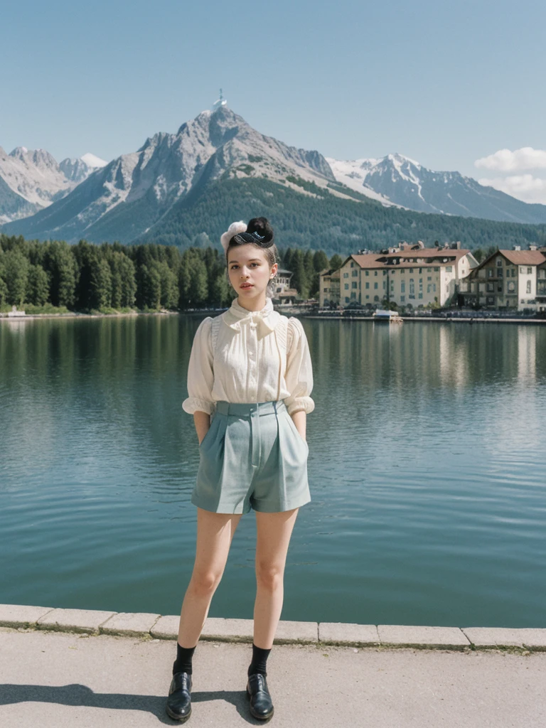 her name is Amelie, high quality, 1girl, ((25-year-old fit Caucasian woman)), ((25 years old)), ((BODY TYPE: HOURGLASS)), ((Space Buns HAIR)), pose: STANDING, wearing IN DEMAND FANCY Generation-Z modern wear VARIETY colored, BACKGROUND: "Strolling through the idyllic lakeside village with its picturesque alpine backdrop and charming historic houses."