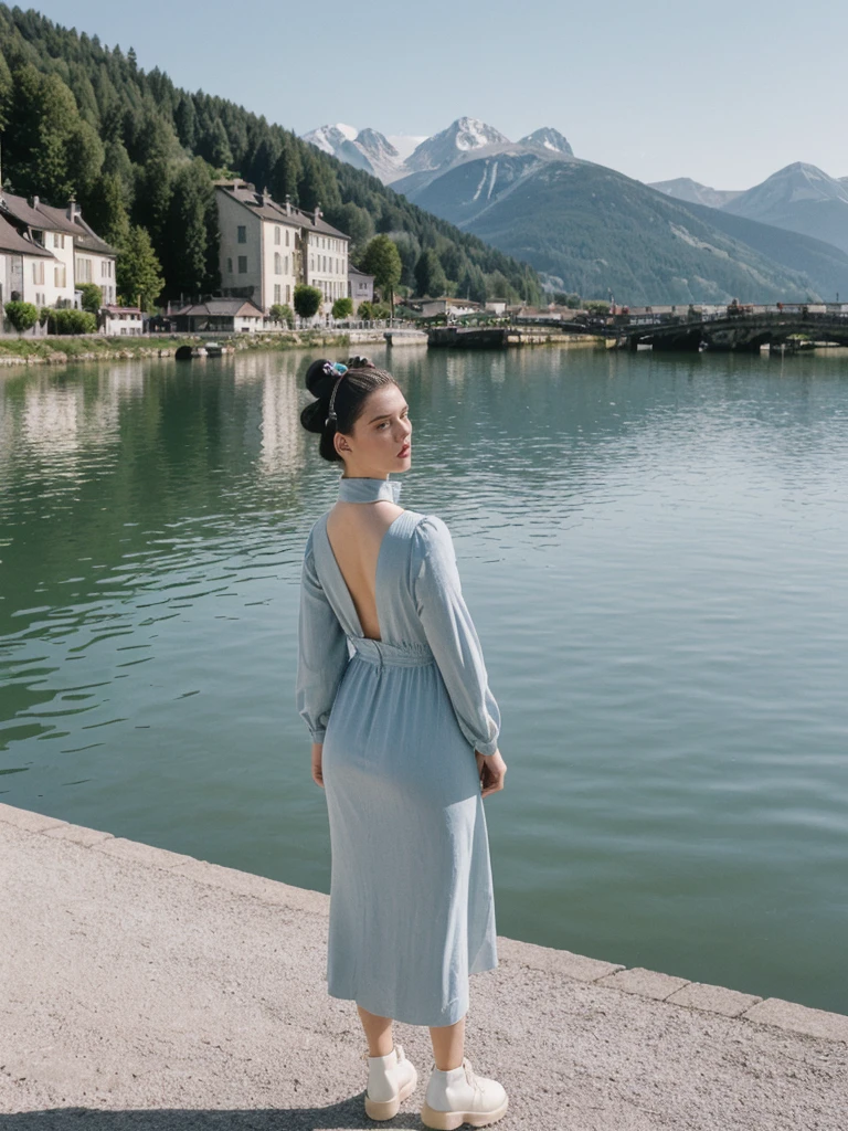 her name is Amelie, high quality, 1girl, ((25-year-old fit Caucasian woman)), ((25 years old)), ((BODY TYPE: HOURGLASS)), ((Space Buns HAIR)), pose: STANDING, wearing IN DEMAND FANCY Generation-Z modern wear VARIETY colored, BACKGROUND: "Strolling through the idyllic lakeside village with its picturesque alpine backdrop and charming historic houses."