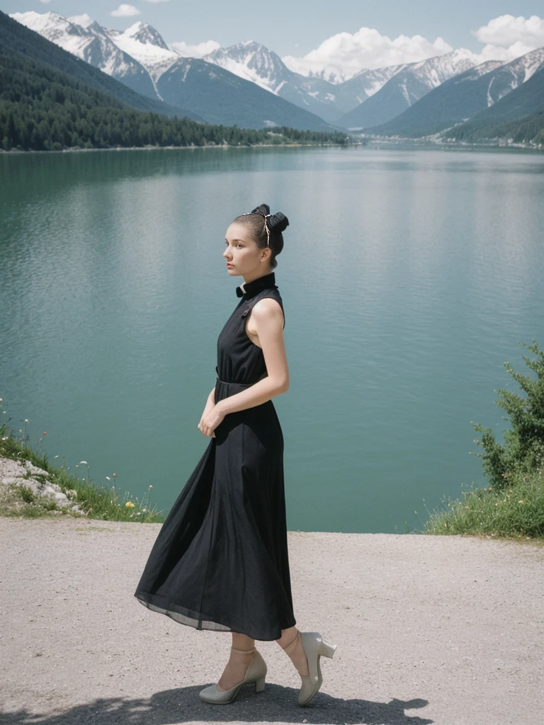 her name is Amelie, high quality, 1girl, ((25-year-old fit Caucasian woman)), ((25 years old)), ((BODY TYPE: HOURGLASS)), ((Space Buns HAIR)), pose: STANDING, wearing IN DEMAND FANCY Generation-Z modern wear VARIETY colored, BACKGROUND: "Strolling through the idyllic lakeside village with its picturesque alpine backdrop and charming historic houses."