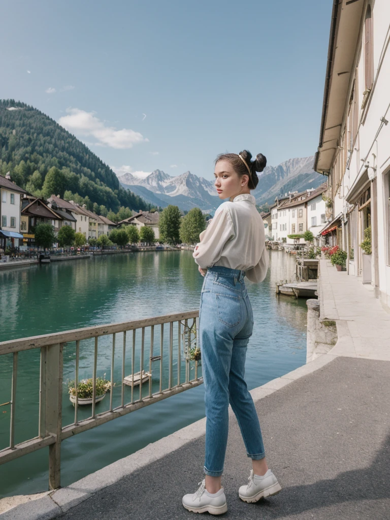 her name is Amelie, high quality, 1girl, ((25-year-old fit Caucasian woman)), ((25 years old)), ((BODY TYPE: HOURGLASS)), ((Space Buns HAIR)), pose: STANDING, wearing IN DEMAND FANCY Generation-Z modern wear VARIETY colored, BACKGROUND: "Strolling through the idyllic lakeside village with its picturesque alpine backdrop and charming historic houses."