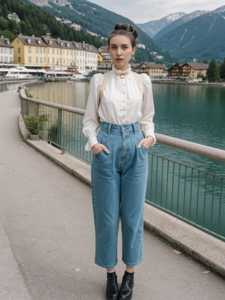 her name is Amelie, high quality, 1girl, ((25-year-old fit Caucasian woman)), ((25 years old)), ((BODY TYPE: HOURGLASS)), ((Space Buns HAIR)), pose: STANDING, wearing IN DEMAND FANCY Generation-Z modern wear VARIETY colored, BACKGROUND: "Strolling through the idyllic lakeside village with its picturesque alpine backdrop and charming historic houses."