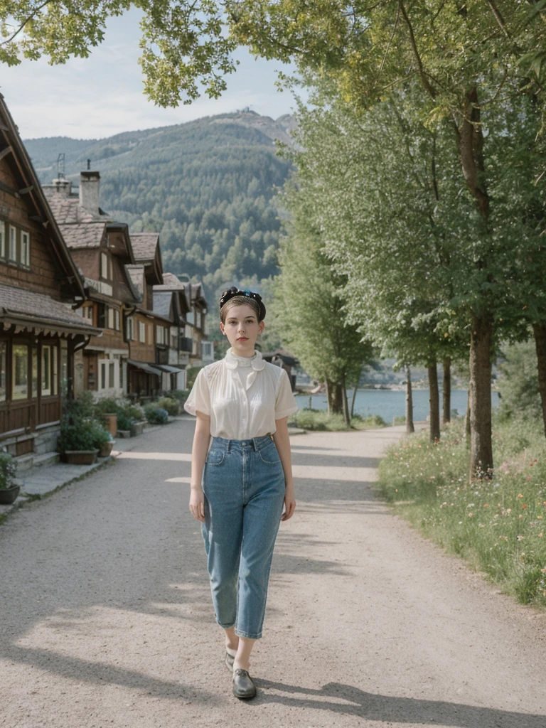 her name is Amelie, high quality, 1girl, ((25-year-old fit Caucasian woman)), ((25 years old)), ((BODY TYPE: HOURGLASS)), ((Space Buns HAIR)), pose: STANDING, wearing IN DEMAND FANCY Generation-Z modern wear VARIETY colored, BACKGROUND: "Strolling through the idyllic lakeside village with its picturesque alpine backdrop and charming historic houses."