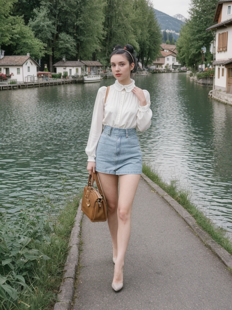 her name is Amelie, high quality, 1girl, ((25-year-old fit Caucasian woman)), ((25 years old)), ((BODY TYPE: HOURGLASS)), ((Space Buns HAIR)), pose: STANDING, wearing IN DEMAND FANCY Generation-Z modern wear VARIETY colored, BACKGROUND: "Strolling through the idyllic lakeside village with its picturesque alpine backdrop and charming historic houses."