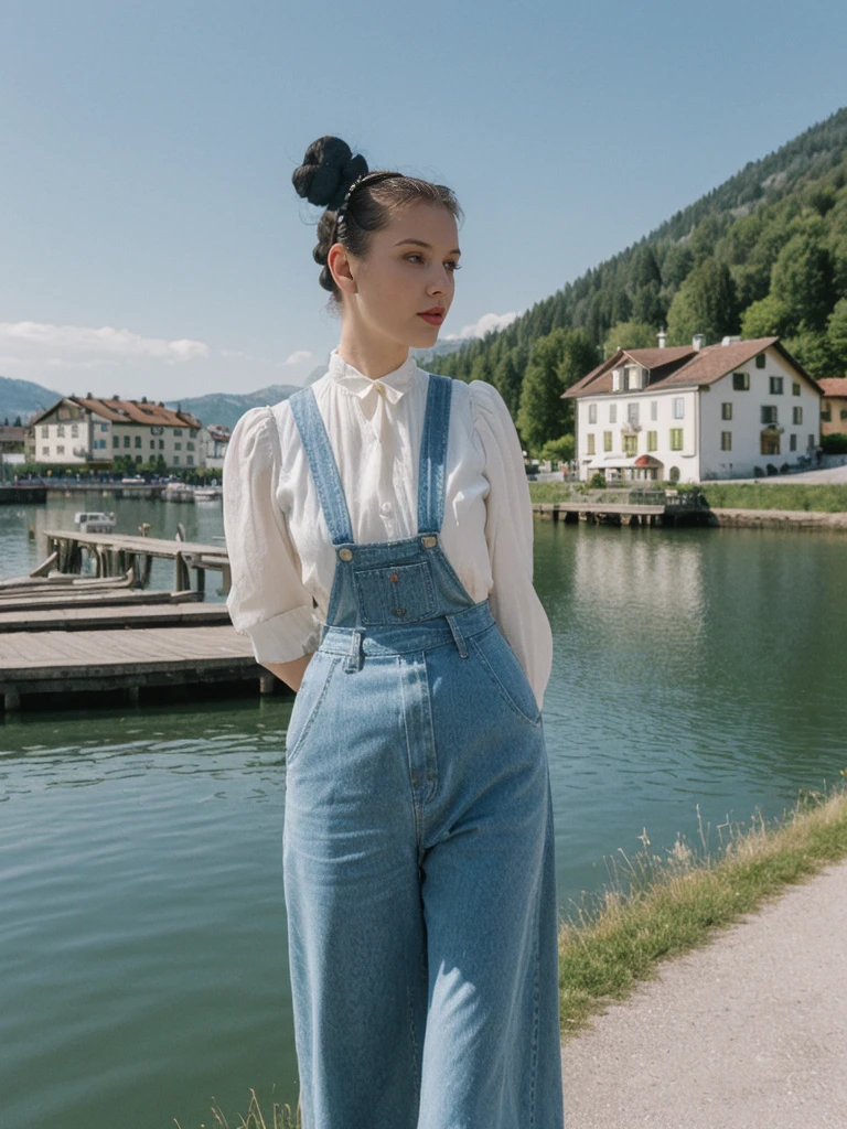 her name is Amelie, high quality, 1girl, ((25-year-old fit Caucasian woman)), ((25 years old)), ((BODY TYPE: HOURGLASS)), ((Space Buns HAIR)), pose: STANDING, wearing IN DEMAND FANCY Generation-Z modern wear VARIETY colored, BACKGROUND: "Strolling through the idyllic lakeside village with its picturesque alpine backdrop and charming historic houses."