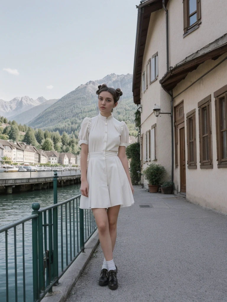 her name is Amelie, high quality, 1girl, ((25-year-old fit Caucasian woman)), ((25 years old)), ((BODY TYPE: HOURGLASS)), ((Space Buns HAIR)), pose: STANDING, wearing IN DEMAND FANCY Generation-Z modern wear VARIETY colored, BACKGROUND: "Strolling through the idyllic lakeside village with its picturesque alpine backdrop and charming historic houses."