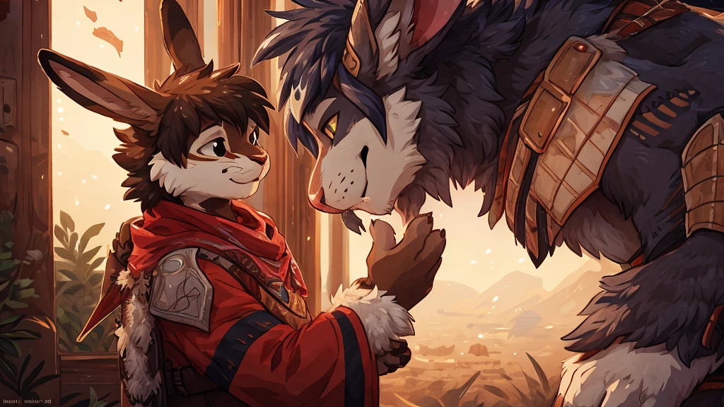 a close-up of a anthro hare holding a grandson in his hand,byitihi3 イチヒ(Ichihi), dasagi, by hioshiru, by Donkeyramen, and wfa, warrior, film animation