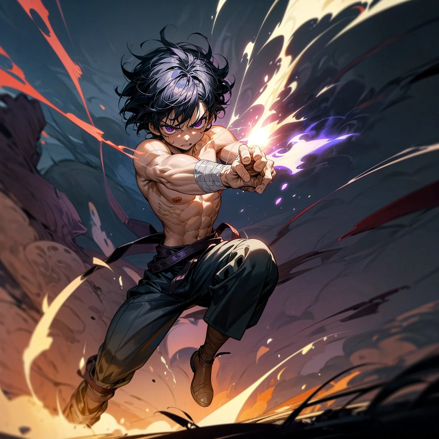 1kid boy, muscle, Full body version, 1character, purple eyes, short haircut, angry eyes, black color hair, topless, boots, Grassroots, full background in field town, motion blur, lighting, (one piece art), battle gesture, bandage, smoke effect, fire burning in hand,