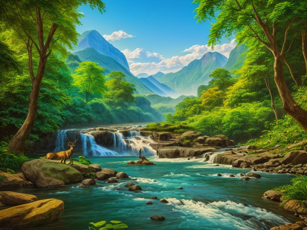 nature painting with mountain seen from far away background, high waterfall and river flows with jungle surround, add deer drinking on river and bird flying over river, best quality 4k detailed color, wonderful nature painting fan art, full of color and rich of detail, masterpiece nature landscaping painting