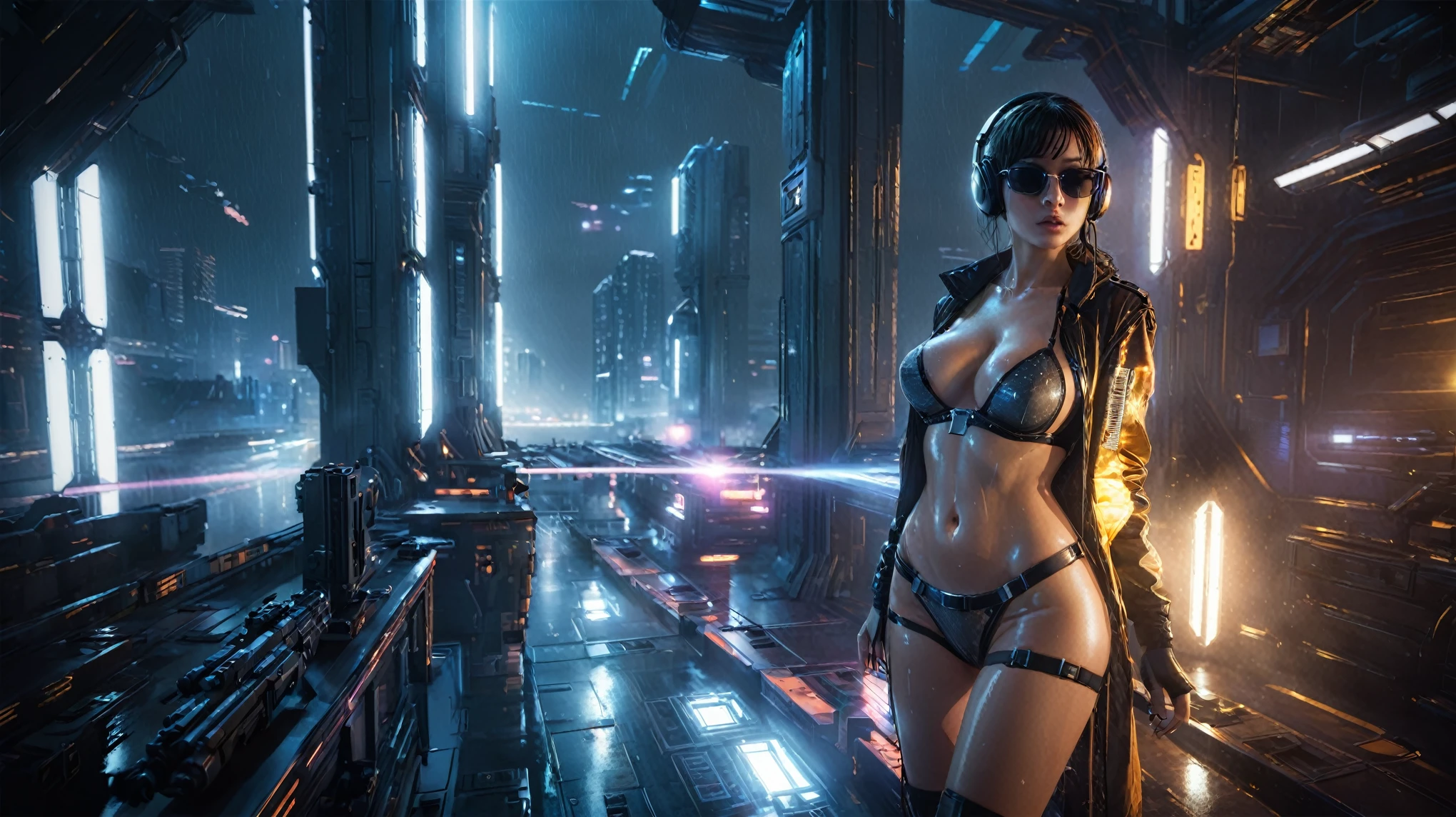 (((aerial view))), Blade Runner style futuristic space station platform, neon lights, rainy night. (1girl, solo, alone), large-breast:1.2 slim body, cleavage:1.1, sexy laced lingerie with wet jacket, headphone, (black sunglasses), (((she raised a pistol:1.8 and shot:1.8 the viewer))), dynamic pose, (((half-body thigh level medium shot))), cinematic lighting, lens flare, ray tracing, blurred:1.4 background.