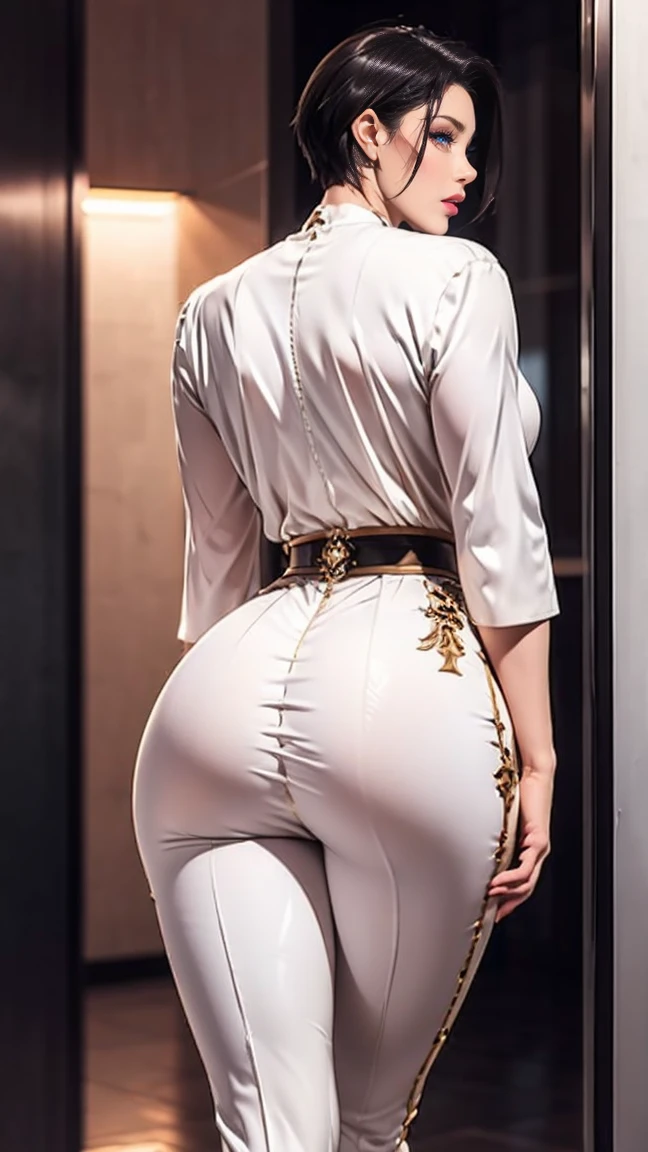 Perfect lips, perfect eyes, cowboy shot, 1 old women, matured, black short hair, looking back, back view, thick biceps, muscular body, bulky, bulk body, thick thighs, white gown, in mansion, Greek long clothes, at night，pants，show her pants，bare legs