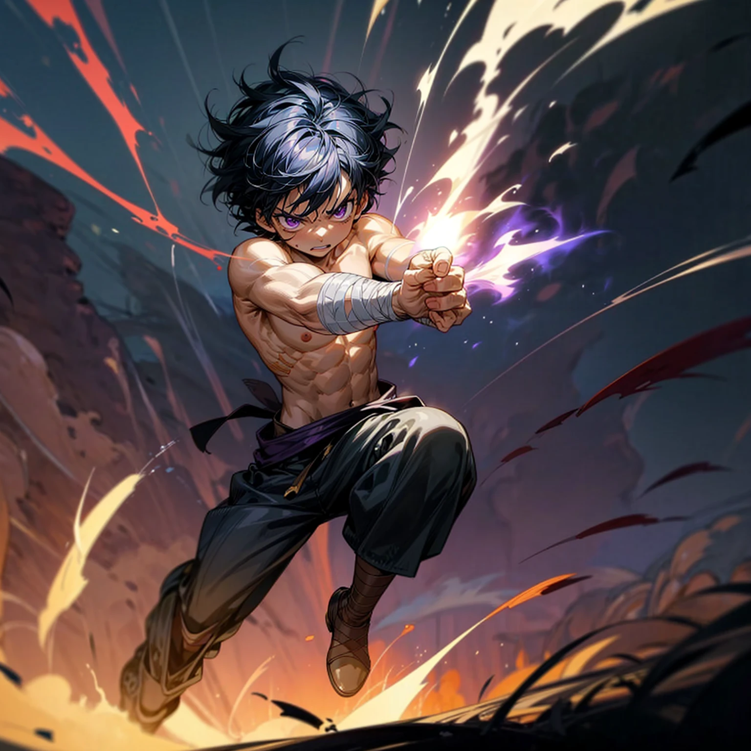 1kid boy, muscle, Full body version, 1character, purple eyes, short haircut, angry eyes, black color hair, topless, boots, Grassroots, full background in field town, motion blur, lighting, (one piece art), battle gesture, bandage, smoke effect, fire burning in hand,