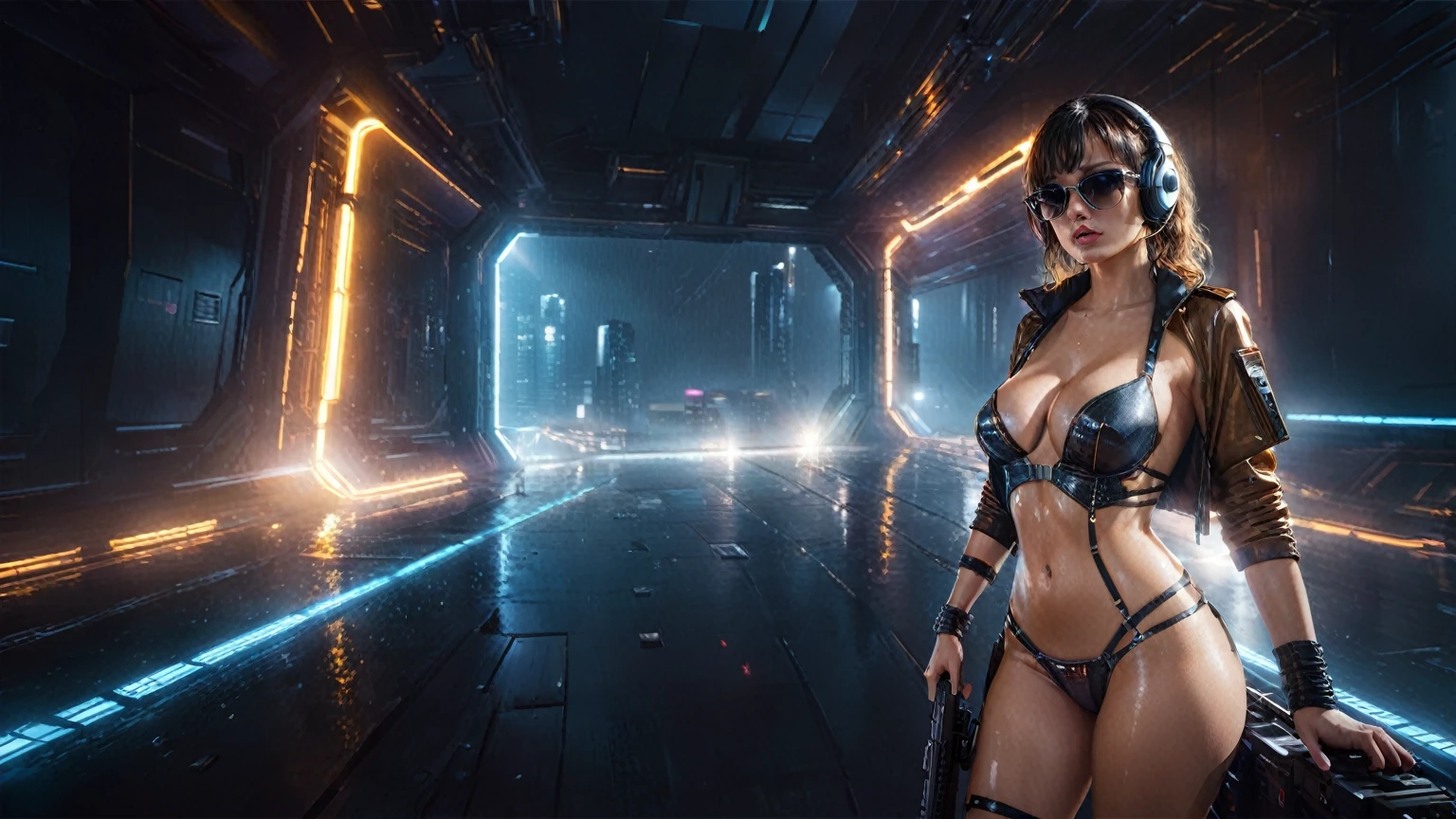 (((aerial view))), Blade Runner style futuristic space station platform, neon lights, rainy night. (1girl, solo, alone), large-breast:1.2 slim body, cleavage:1.1, sexy laced lingerie with wet jacket, headphone, (black sunglasses), (((she raised a pistol:1.8 and shot:1.8 the viewer))), dynamic pose, (((half-body thigh level medium shot))), cinematic lighting, lens flare, ray tracing, blurred:1.4 background.