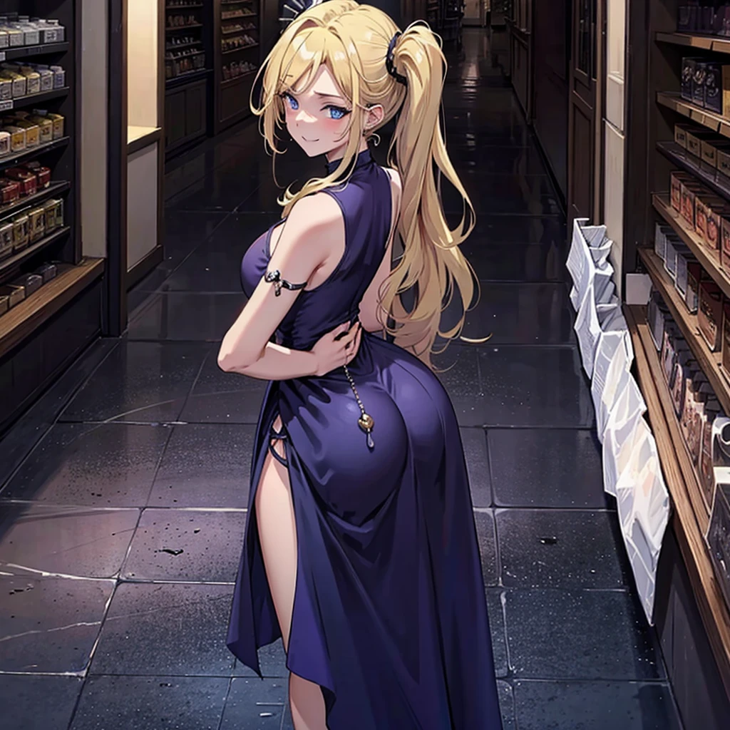 1 girl, alone, breasts big, hourglass-body, gazing at viewer, high resolution, blue colored eyes, Laughter, hair blonde, very long hair, hair slicked back, Hair over the shoulder, loose hair, flushed, Laughter, make up, slightly-smile, excited face, ass pov, anime styling, wearing a purple fitted dress, standing, backgraund inside busy mall, during daytime, clear lighting