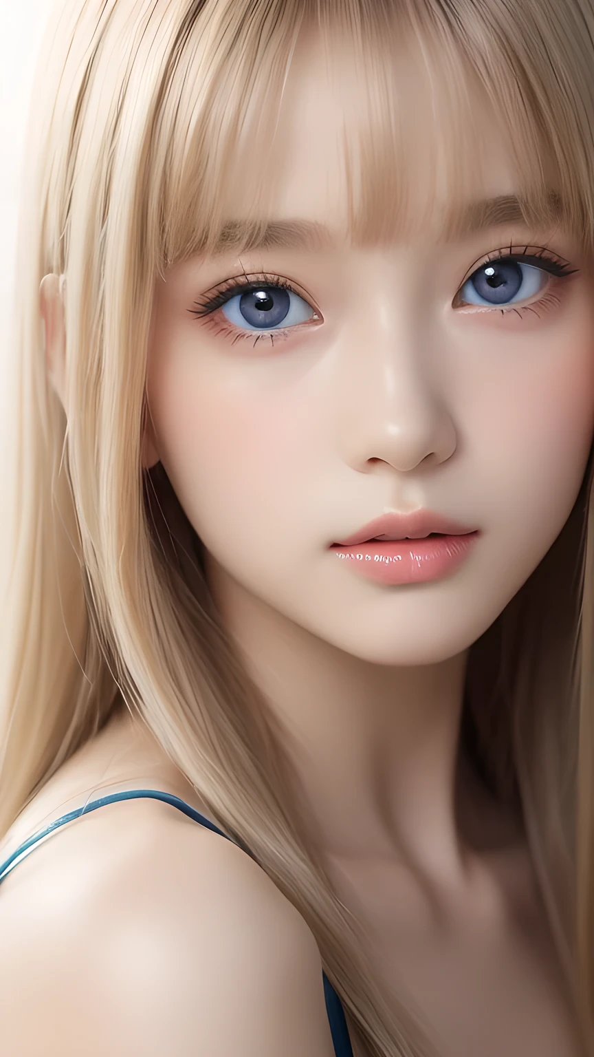 (Close-up:1.4)、(RAW shooting:1.2)、(Photorealistic:1.4)、(masterpiece:1.3)、(Highest quality:1.4)、Bright expression、Very cute beautiful girl、An exceptionally beautiful girl、Cute and beautiful face details、Beautiful Bangs、Radiant, fair, glowing skin、Facial hair、Bangs that reach the face、Bangs between the eyes、Super long hair、Super long, straight, silky hair with a striking platinum blonde hue、Thin Hair、Attractive shining beautiful bright clear light blue big eyes、one piece、eyeliner、double eyelid、Ample Bust、Upper Body、