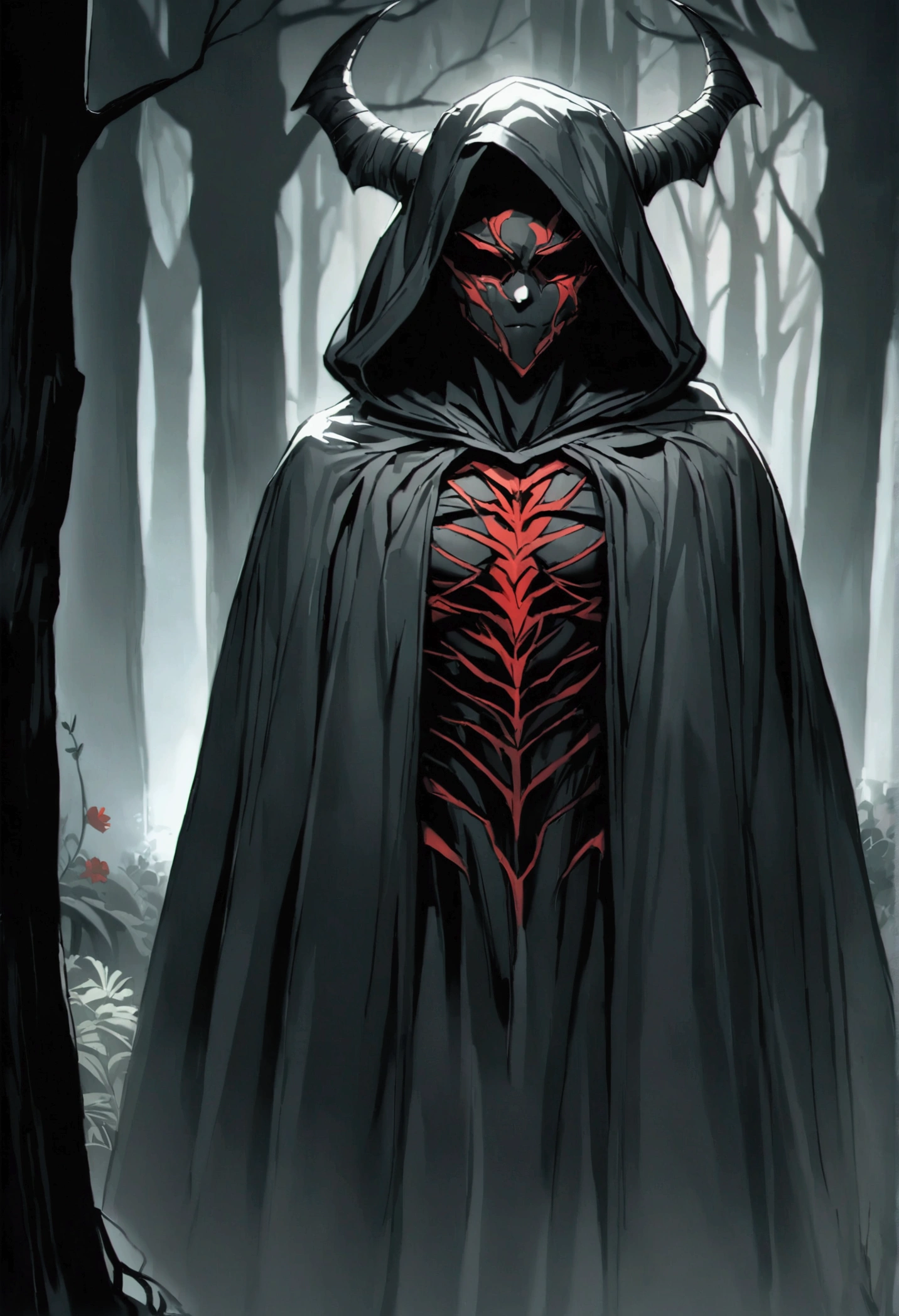 a demon wrapped in a black cloak of darkness in the middle of the forest 