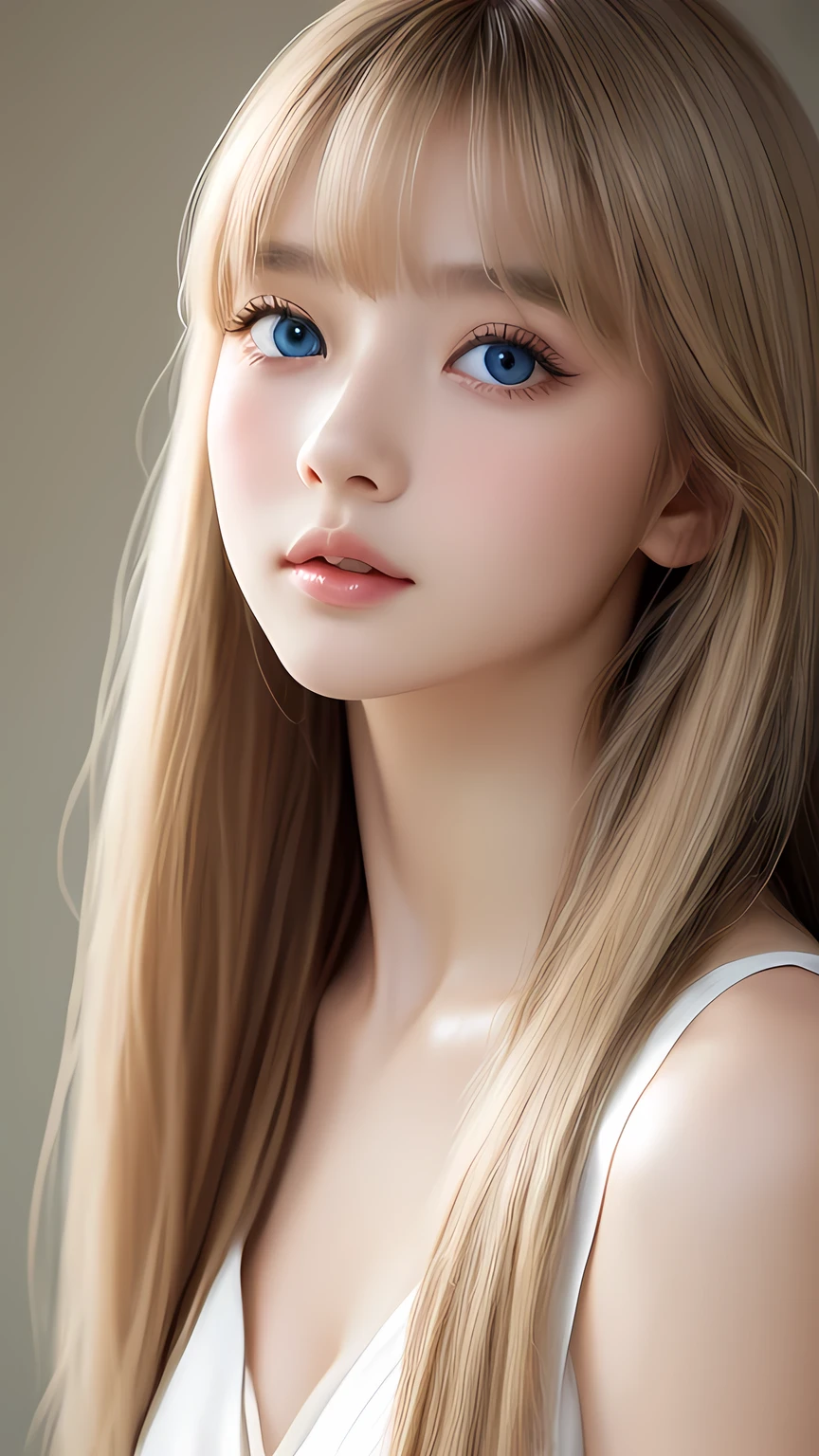 (Close-up:1.4)、(RAW shooting:1.2)、(Photorealistic:1.4)、(masterpiece:1.3)、(Highest quality:1.4)、Bright expression、Very cute beautiful girl、An exceptionally beautiful girl、Cute and beautiful face details、Beautiful Bangs、Radiant, fair, glowing skin、Facial hair、Bangs that reach the face、Bangs between the eyes、Super long hair、Super long, straight, silky hair with a striking platinum blonde hue、Thin Hair、Attractive shining beautiful bright clear light blue big eyes、one piece、eyeliner、double eyelid、Ample Bust、Upper Body、