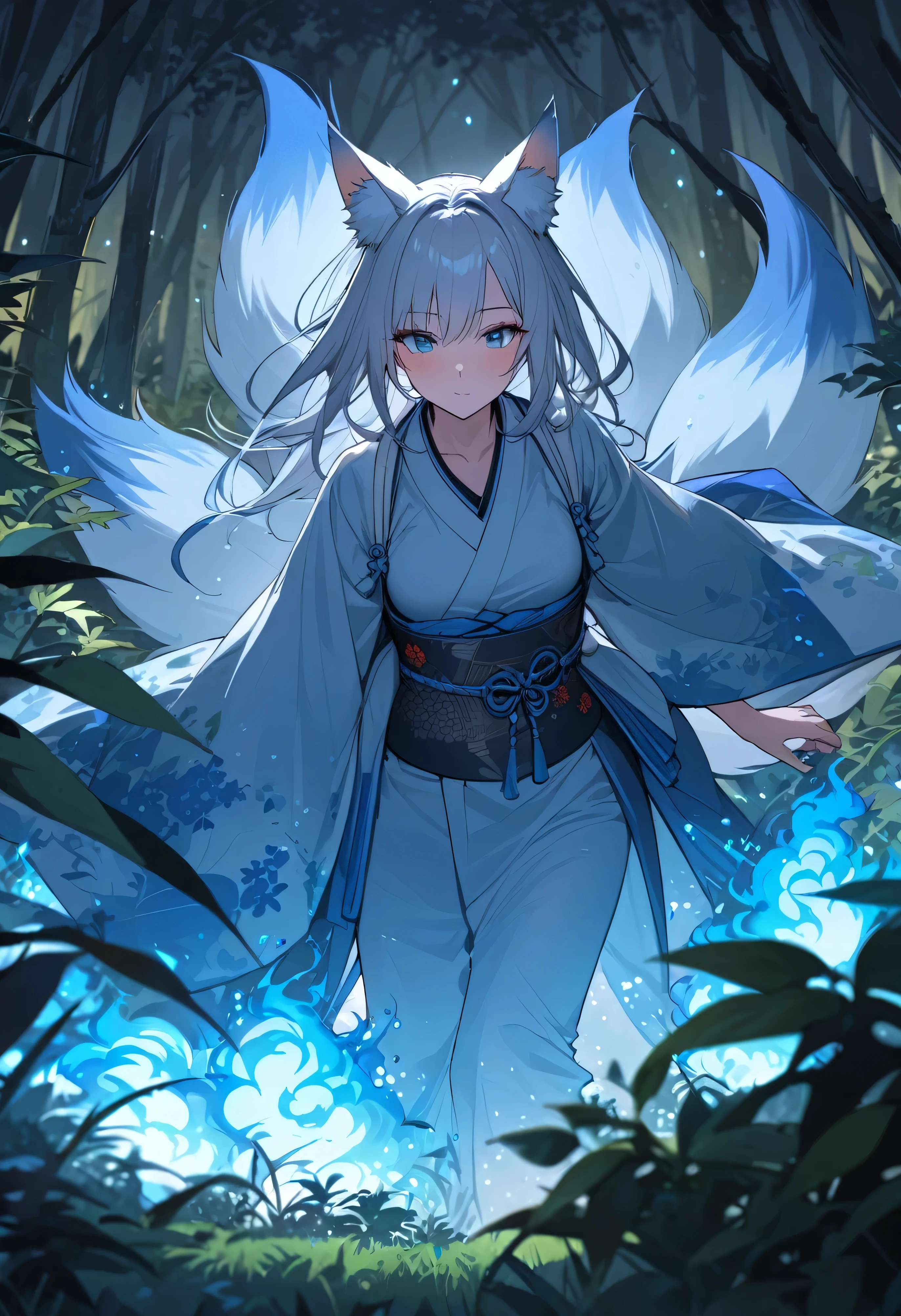 Masterpiece, Extremely detailed, beautiful, perfect face e, close distance shot, (A beautiful kitsune woman peering through the leaves in a dense forest) , {she is surrounded by motes of blue fire}, facing viewer, (dynamic pose) , fox ears, nine fox tails, traditional Japanese clothing. Japanese sandels, ((vegetation in the forground, dew, subject partially obscured by vegetation)) , ((moonlit night)) 