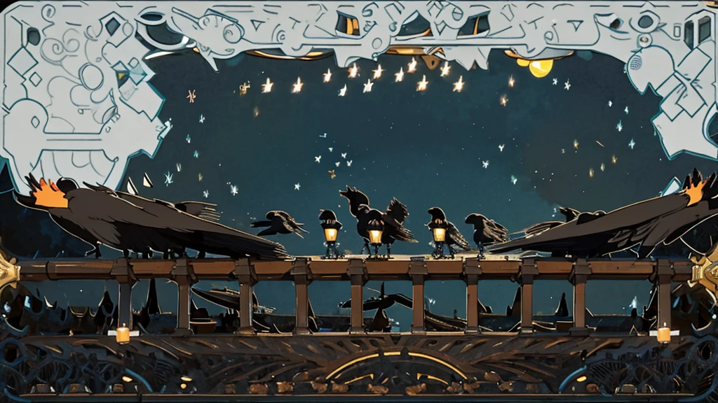 Looking at the shops across the street from the rooftop at dusk,There was a large flock of crows flying nearby.,Slightly black tone
