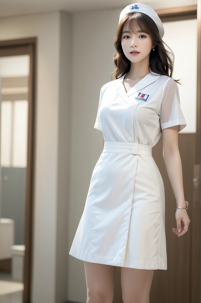 (masterpiece, best quality, realistic,photorealistic:1.5),
Photography,middle shot, Full body,clear, beautiful girl,short  bangs hairstyle, in a white nurse uniform, hat, the hospital, realistic,clean, calm atmosphere, shady, focused, bright light, Bokeh, UHR Realistic image, short skirt, beautiful legs, exposed shoulders, exposed waist, exposed thighs