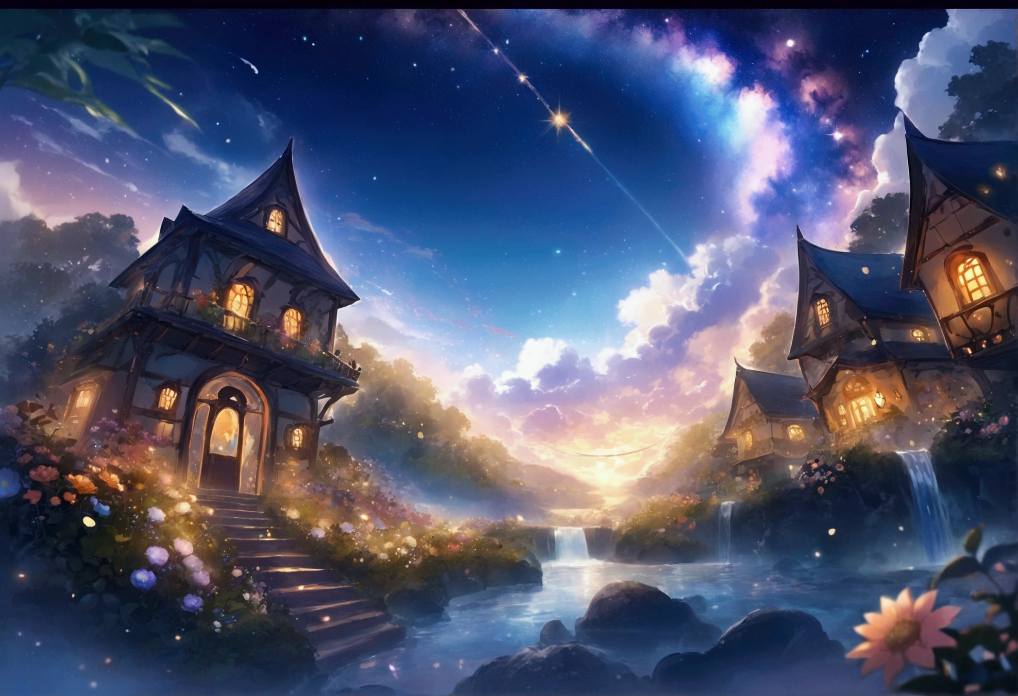 Fantastic landscape, A whimsical island floating in the sky々, Lush garden, Fantastic gravity-defying architecture, Flowers and miniature house, Creates a harmonious and dreamy atmosphere. The sky is filled with fluffy, dramatic clouds and fascinating galaxies.、Adds a magical touch to the scene。. Waterfall cascading down from the island. Surrealism and whimsical fantasy, Soft ambient lighting brings out the fine details. cute, pastel colour, Orange, at night, Sharp lines, clear, Highest quality,