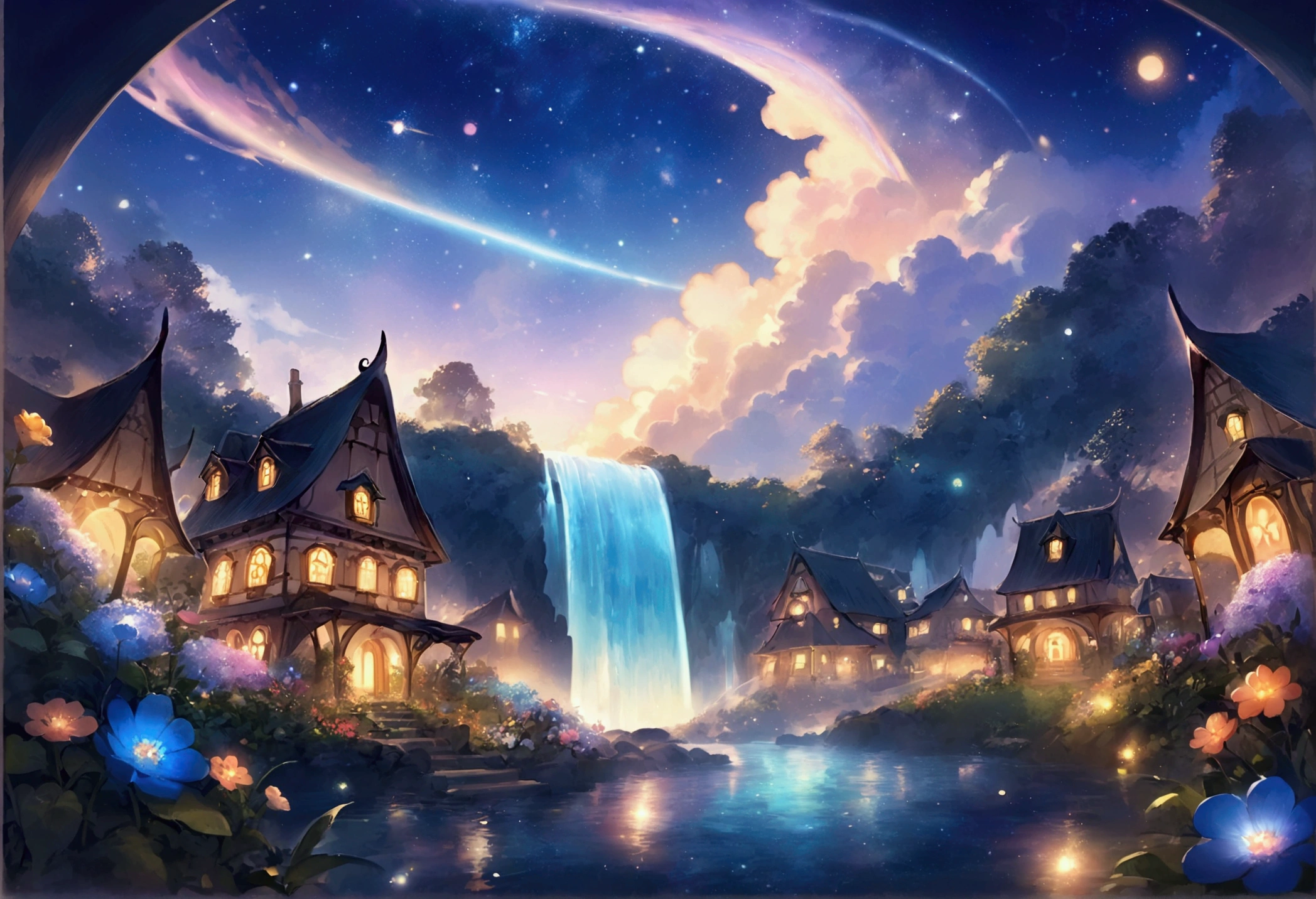 Fantastic landscape, A whimsical island floating in the sky々, Lush garden, Fantastic gravity-defying architecture, Flowers and miniature house, Creates a harmonious and dreamy atmosphere. The sky is filled with fluffy, dramatic clouds and fascinating galaxies.、Adds a magical touch to the scene。. Waterfall cascading down from the island. Surrealism and whimsical fantasy, Soft ambient lighting brings out the fine details. cute, pastel colour, Orange, at night, Sharp lines, clear, Highest quality,