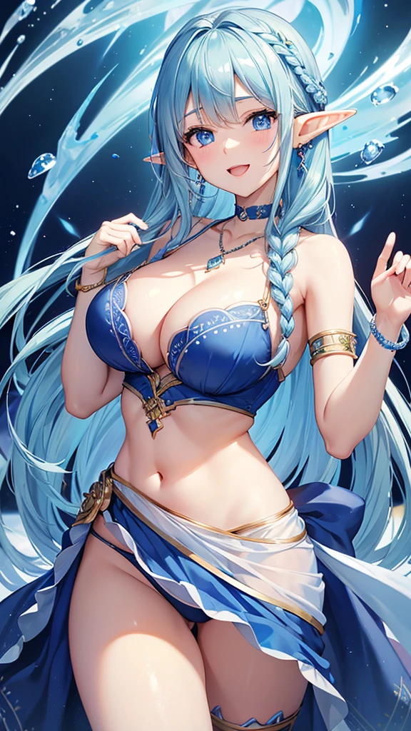 Highest quality、Highest quality、masterpiece、(8k resolution),beauty(Age 25)、(Mature Appearance)、Light blue long hair(Braiding of sides)、blue eyes、(Blue underwear with detailed embroidery)、(Elf)、Big cleavage、((Very large breasts))、smile、blue necklace、Blue Earrings、background(ice)、Please open your mouth wide、bracelet、Dynamic pose、Blue choker、