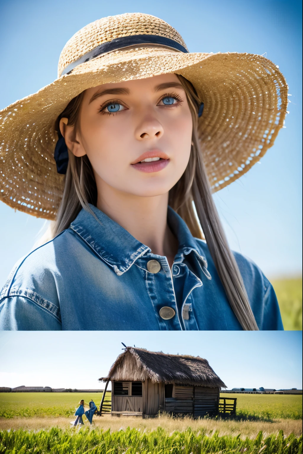 (4K), (Highest quality), (Best details), (Realistic)、Clear skies、Intense sunlight、Great Plains cornfields stretch to the horizon、Abandoned hut、Beautiful American girl、Silver Hair、Blue Eyes、Straw hat、Denim clothing、Frugal makeup、