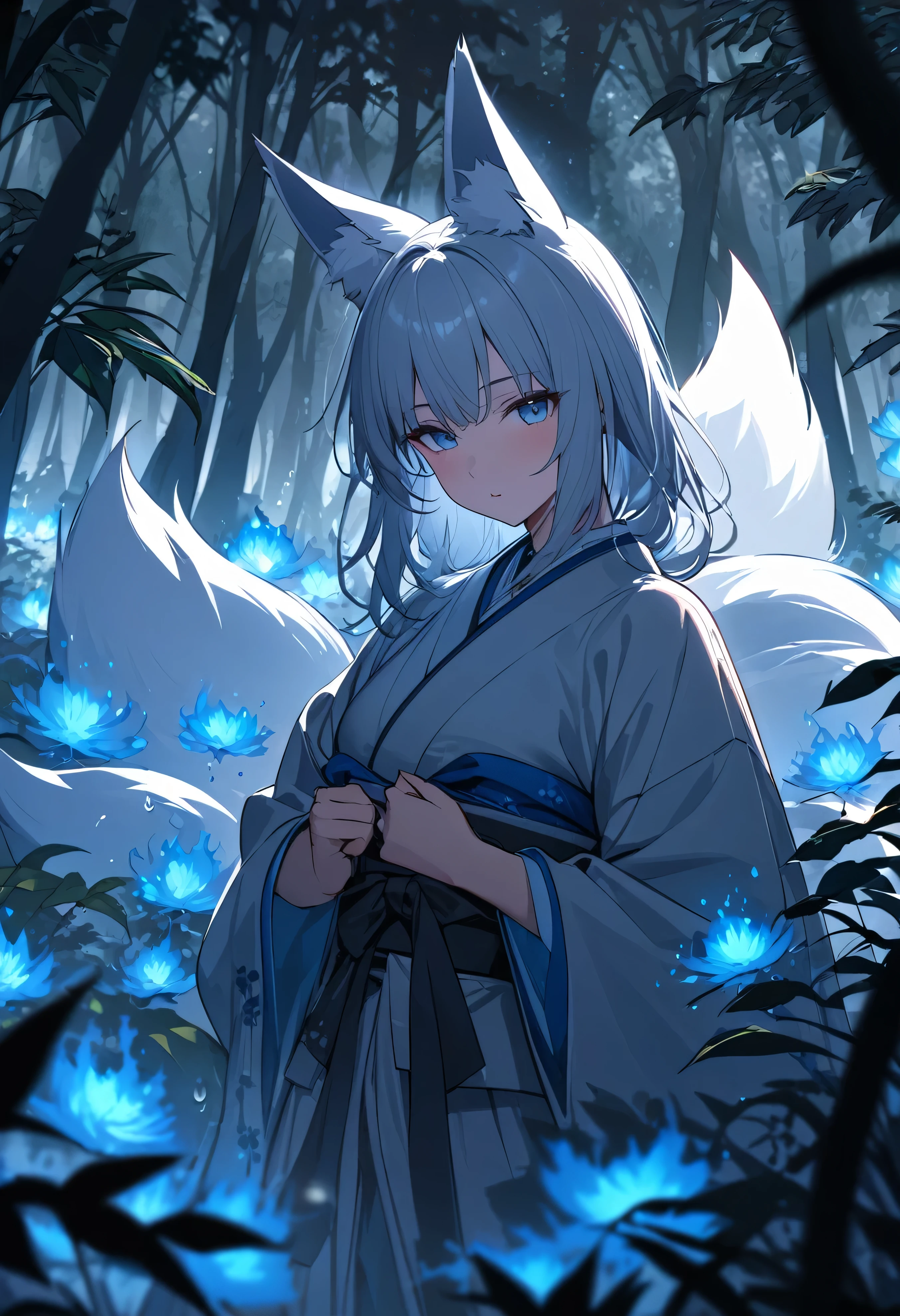 Masterpiece, Extremely detailed, beautiful, perfect face e, close distance shot, (A beautiful kitsune woman peering through the leaves in a dense forest) , {she is surrounded by motes of blue fire}, facing viewer, (dynamic pose) , fox ears, nine fox tails, traditional Japanese clothing. Japanese sandels, ((vegetation in the forground, dew, subject partially obscured by vegetation)) , ((moonlit night)) 
