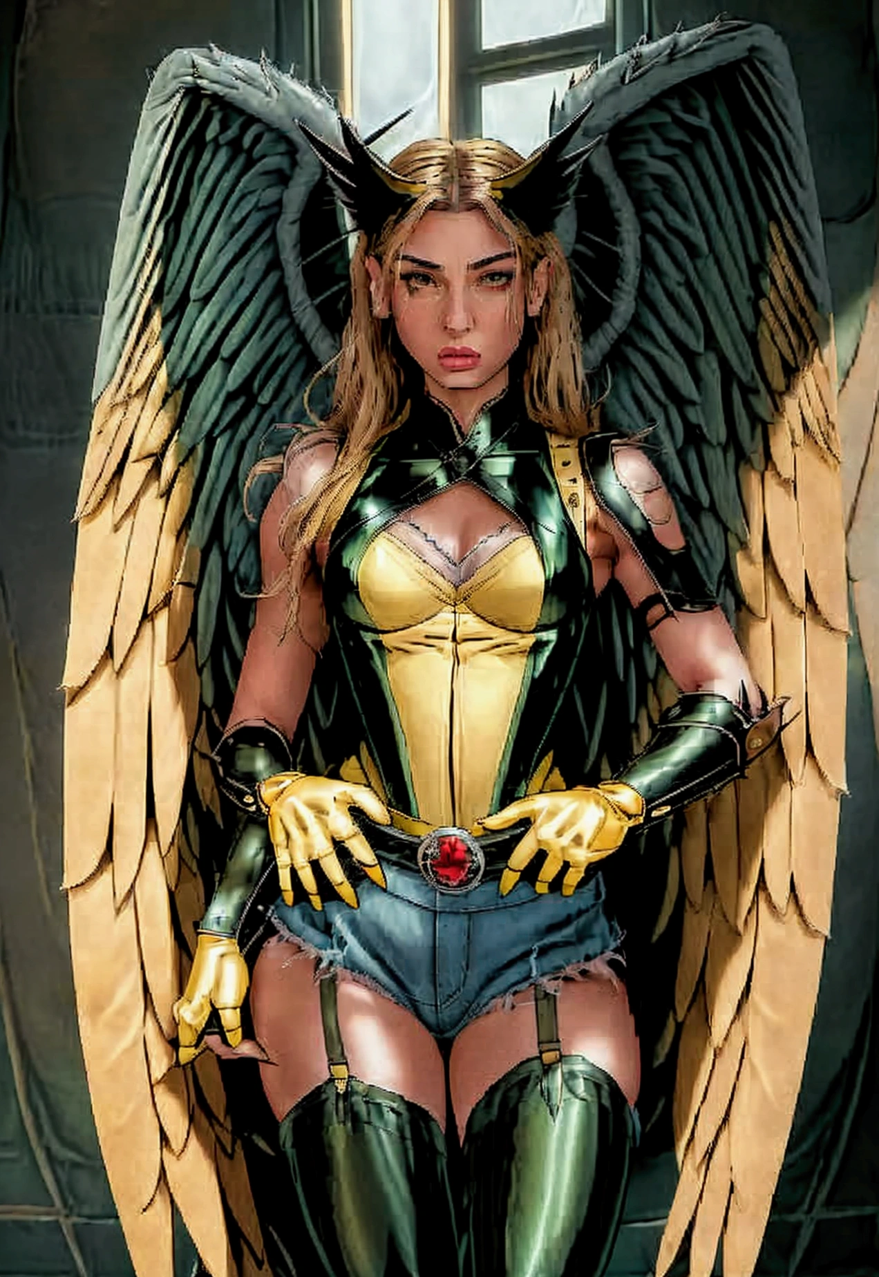 Beautiful and sensual HawkGirl in Green and Yellow gothic warrior. HawkGirl, green shirt with striped sleeves, denim jacket, denim shorts, denim skirt, yellow stockings, green boots, mid riff, yellow gloves, long blonde hair, ,ruanyi0788,garter belt,garter straps,lingerie,latex,underboob,green amd yellow bra,thigh strap, bandeau, harem outfit,detached sleeves, bridal gauntlets, red footwear