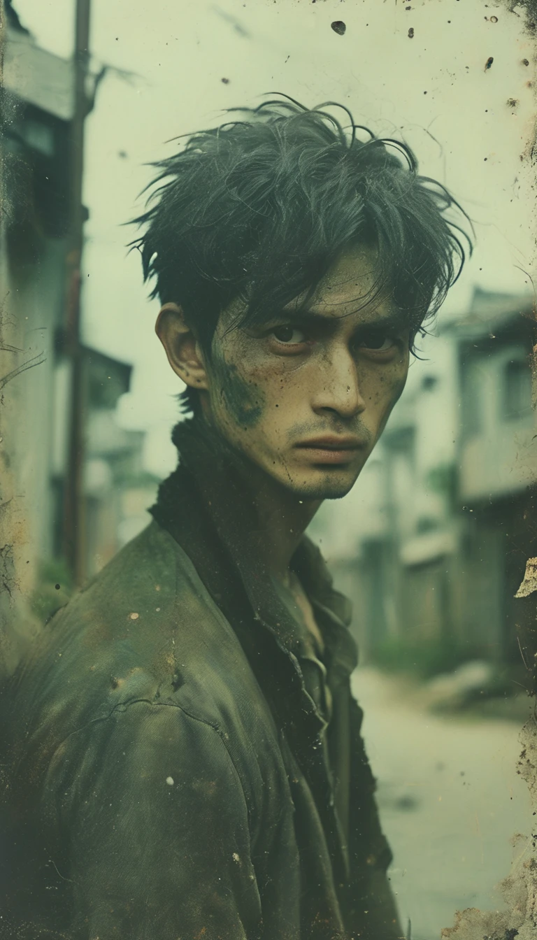 masterpiece, Highest quality, Realistic, Cinematic, Detailed face, 8k, Ultra-high resolution, シャープなフォーカスmovieのような写真 , Highest quality, Super detailed, 8k, mysterious, Messy green hair, 35mm photo, movie, Bokeh, Professional, 4K, Very detailed、male、Topless,Very ugly、Dirty skin,movieのような雰囲気、Big black pants,The green hair is messy,、Has two sickles、Very dirty、The background is an abandoned old Japanese town.、Japanese、Surprisingly skinny,There are many warts on the face、Skin and bones,Big black pants,There are many warts on the face、Morbid thinness、Has two sickles、Very scary、不気味なmale、The eyes are small and droopy,The nose is very low and flat,Mouth open,Shark-like teeth,Pure white, bloodless skin,