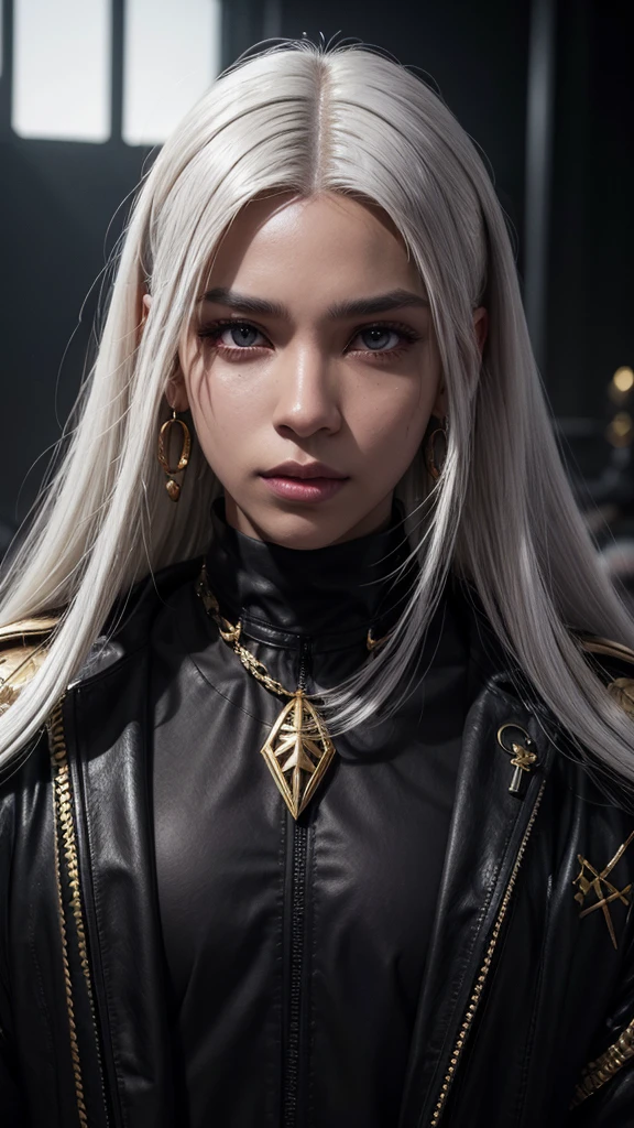 A with a collar of straight white hair, darkskin, Latin ancestry, purple irises, wearing a black tactical suit with gold threads and wearing gold snake-shaped earrings. detailedeyes, face detailed, complex grunge clothes, cinematic lighting, strong backlight realistic concept art.