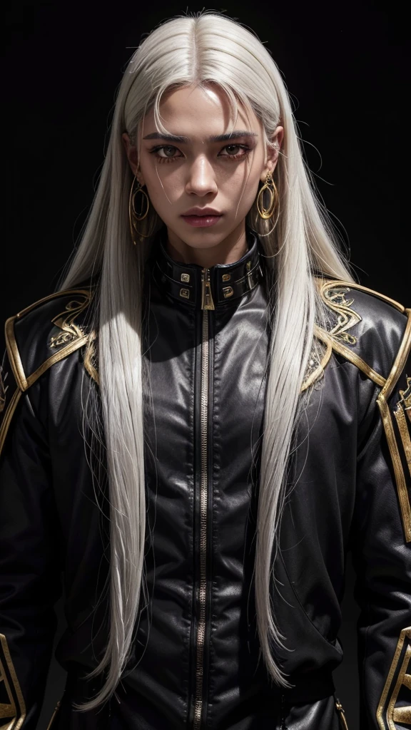 A with a collar of straight white hair, darkskin, Latin ancestry, purple irises, wearing a black tactical suit with gold threads and wearing gold snake-shaped earrings. detailedeyes, face detailed, complex grunge clothes, cinematic lighting, strong backlight realistic concept art.