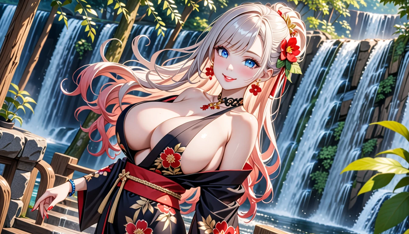 ultra-detailed, ((one girl)), ((portrait)), (pale skin:1.4), in pastel colors gyaru, (heavy makeup), (professional lighting) hyper detailed, absurdres, 8k, Beautiful Face, (Laugh shyly), ((teasing smile:1.3)), ((happy smile:1.3)), ((Wink:1.5)), (Laugh with your mouth wide open),((Tilt your face:1.6)), View your viewers, ((Bright red cheeks:1.6)),Glossy Red Lips, ((huge breasts:1.6)), undressing kimono, noon, summer, Forest waterfall, ((Anime style background)),masterpiece, Highest quality, (Brighten your face), so beautiful,Latest, Complex details, (Pink long nails), (nail art), (ring),(bracelet), (Floral Choker),AI-generated, Complex,High resolution, Highest quality, super high quality,3D Images、3D Images,One person,(Snow White hair), (highlights hair,Milky White streaked hair)), Long Hair,(High Ponytail), (wavy hair:1.3), Anime woman in black kimono posing for a photo, ((Fine grain、blue eyes、glowing eyes:1.4)), (Squint your eyes:1.1),a hyperRealistic , hyperRealistic , Realistic, Smooth anime CG art, A girl in a gorgeous black kimono, ((black furisode:1.2)), (Gold embroidery), (Large red floral pattern), (sideboob), Long flower hair ornament,Floral Earrings, Mature Body, tall,Narrow waist, front view, ((dutch angle)),