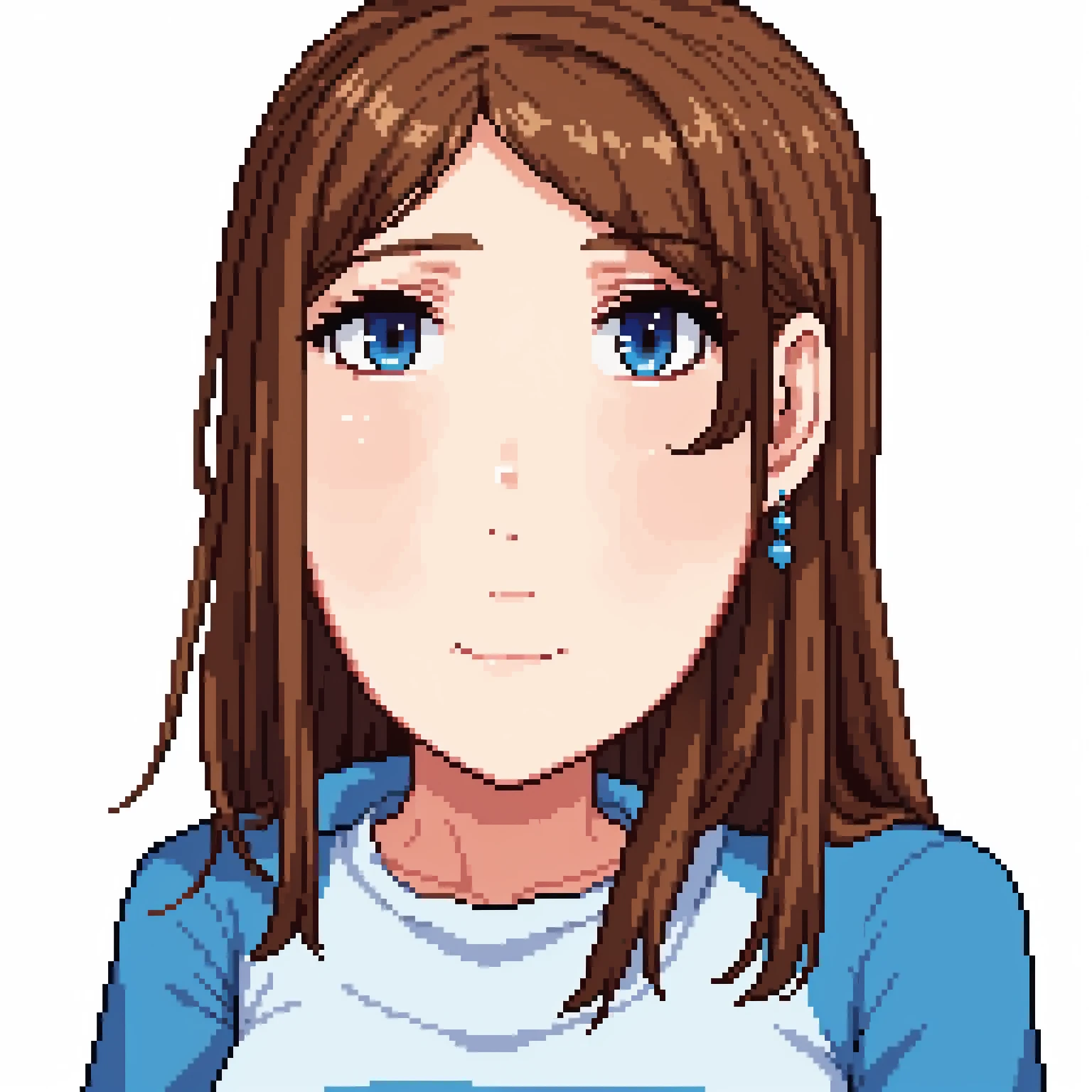 white, Eye Brown, medium brown hair, slanted eye, blusa white e saia azul, aretes