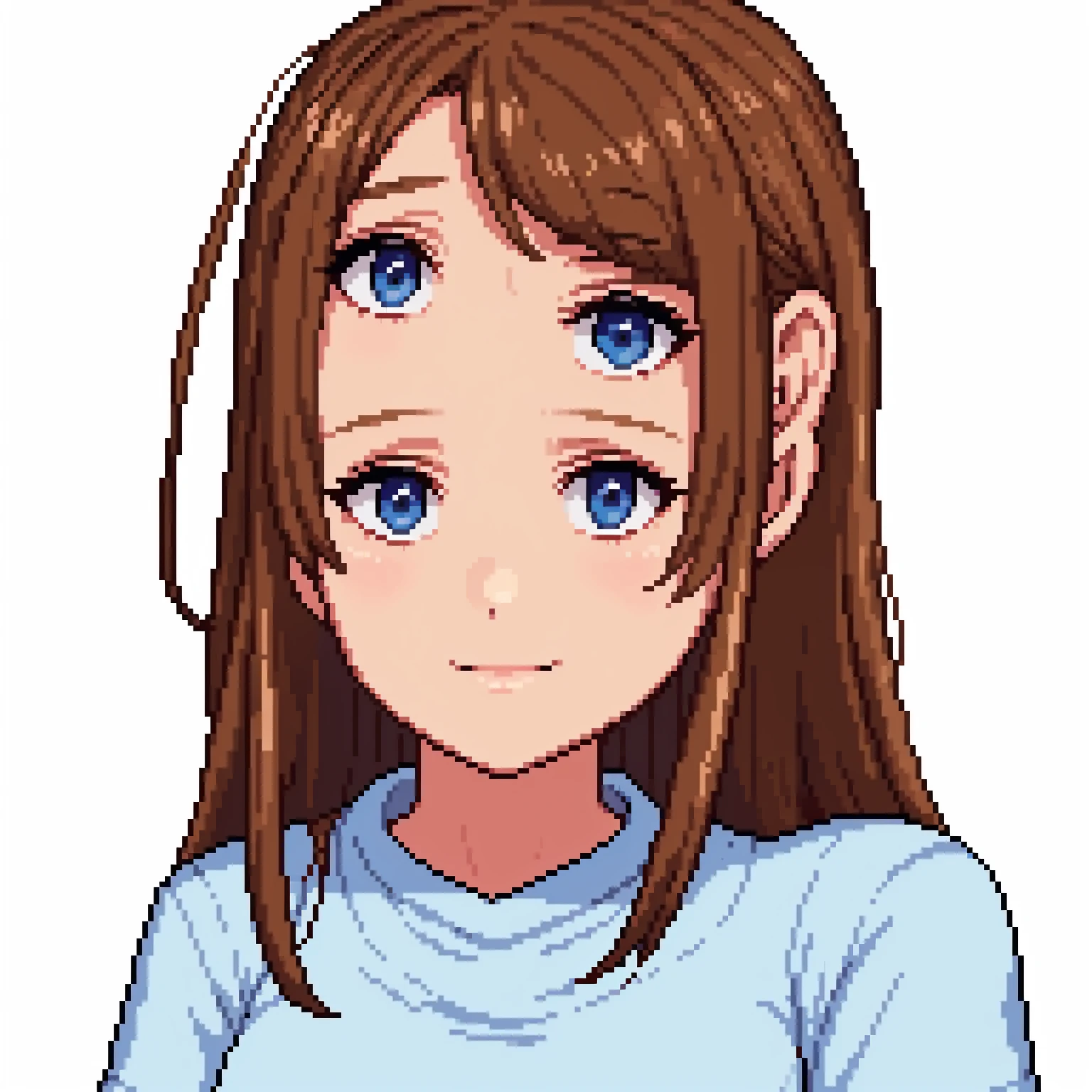  white, Eye Brown, medium brown hair, slanted eye, blusa white e saia azul, aretes