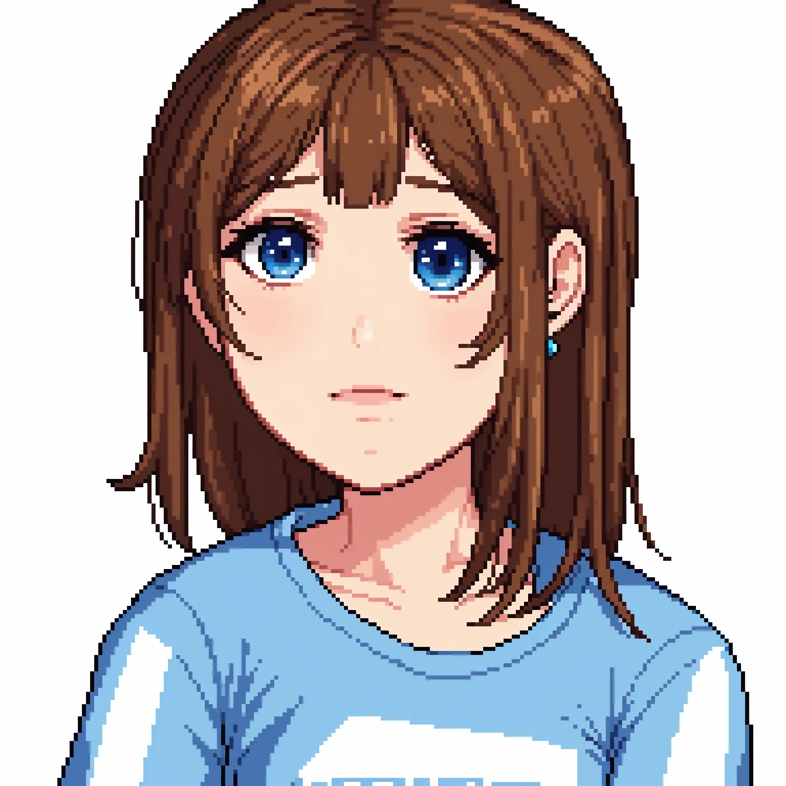 white, Eye Brown, medium brown hair, slanted eye, blusa white e saia azul, aretes