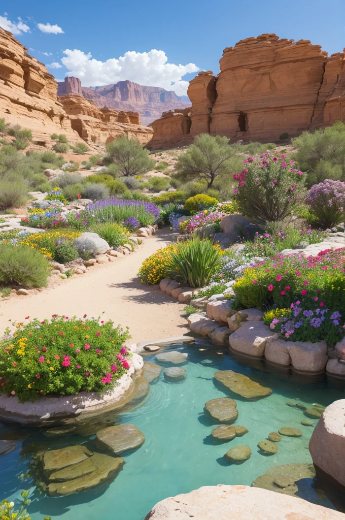 Garden with many colorful flowers, and water surrounded by rocks in the middle of the desert