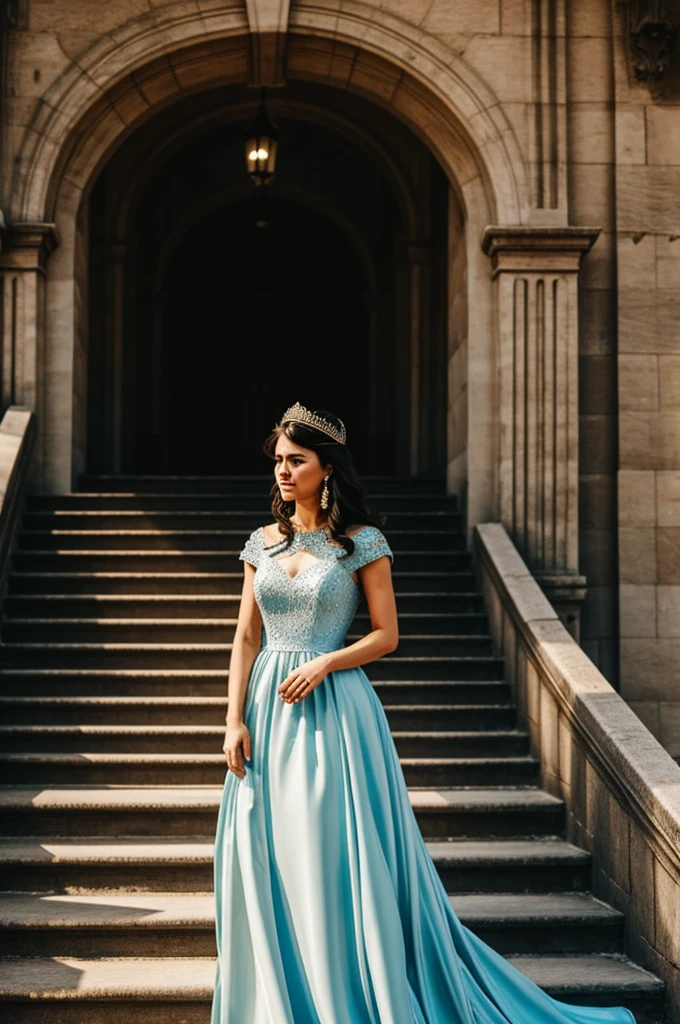Queen crying on the stairs with a beautiful dress and distant perspective