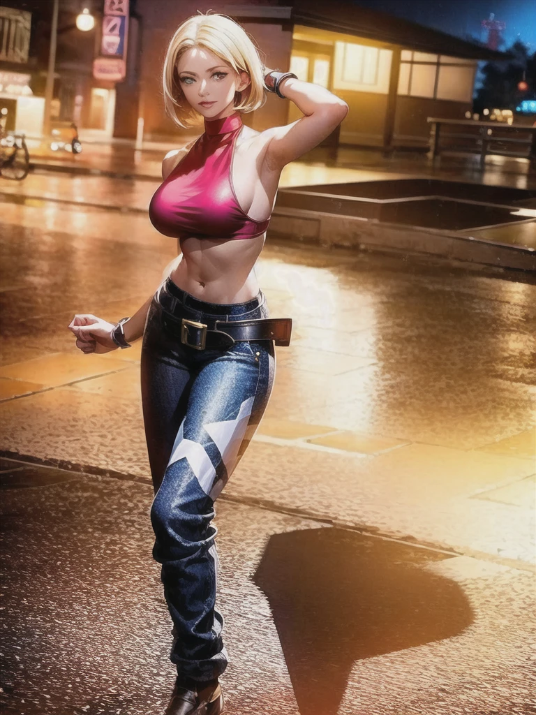 (at night), in a video game scene, a background of a beautiful city at night raining, standing at attention, red top, blue joggers, blue fingerless gloves, large brown belt hanging from her waist ((blonde hair )), 1 girl, alone, 20 years old, young woman, perfect hands, beautiful fingers, beautiful long legs, beautiful body, beautiful nose, beautiful character design, perfect face, looking at the viewer with serious gesture (focusing on her face) , closed mouth, Light_Smile, official art, extremely detailed CG unity 8k wallpaper, perfect lighting, bright and colorful front lighting, glowing skin (masterpiece: 1.0), (best_quality: 1.0), ultra high resolution, 4K, ultra photography detailed, 8K, HDR, high resolution, absurd:1.2, Kodak portra 400, film grain, blurred background, bokeh:1.2, lens flare, (vibrant_color:1.2), professional photography, (Beautiful, breasts: 1.4), ( beautiful_face: 1.5), (narrow waist),
