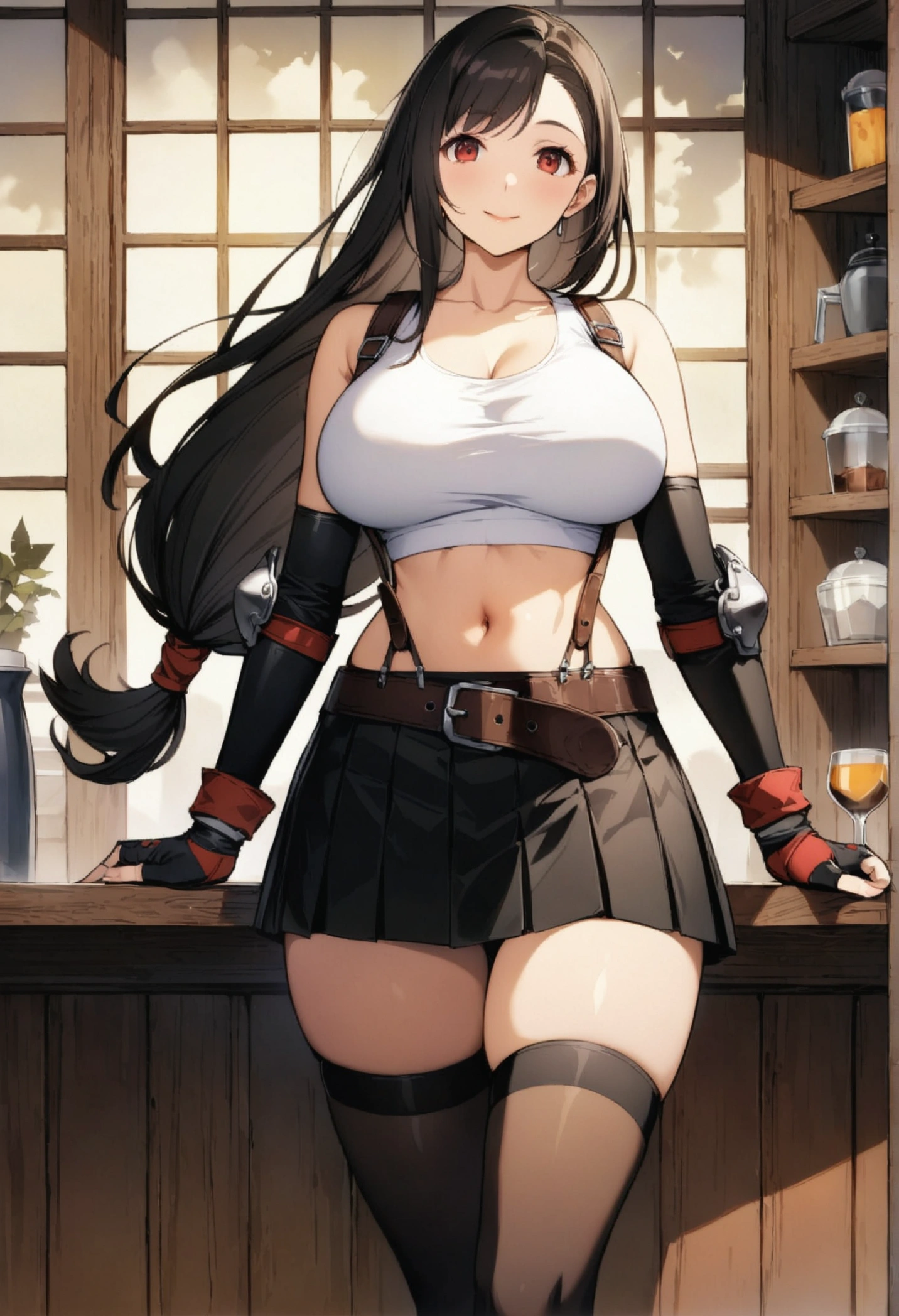 score_9, score_8_up, score_7_up, (best quality), masterpiece,perfect anatomy,(aesthetic,very aesthetic),(official art,illustration,ultra-high resolution,8k), 1girl, tifa lockhart, final fantasy,(beautiful woman).tareme, black hair, low-tied long hair, red eyes, bangs, white tank top,gap, belt, pleated skirt, thighhighs, elbow fingerless gloves, elbow pads, midriff, navel,suspender skirt.zettai ryouiki ,straight-on,,leg up,(large_breasts),Solo,mediumshot,looking_at_viewer,,,,cafe and bar, ,Framin,(Composition),