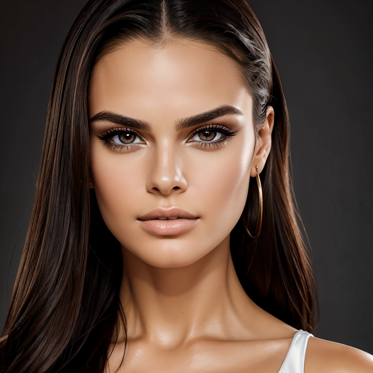 Professional portrait, ultra-detailed, ultra-realistic, of Bo Krsmanovic, professional makeup, sharp edges, looking at the camera from the front, staring at the camera, studio light,