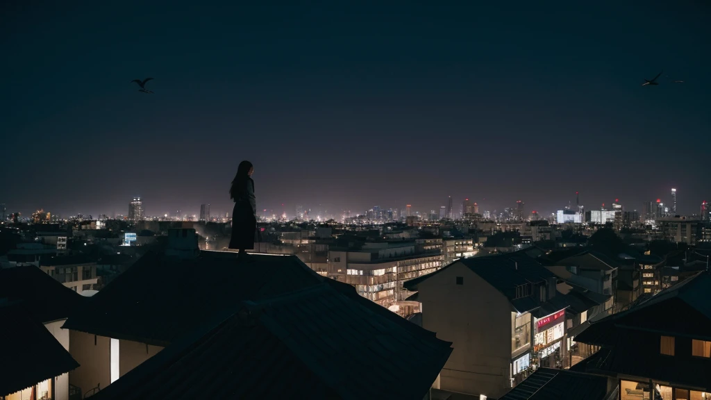 The girl is standing on the rooftop at dusk, looking at the shops opposite，There was a large flock of crows flying nearby.，Slightly black tone，Girls, don&#39;t portray it too clearly.