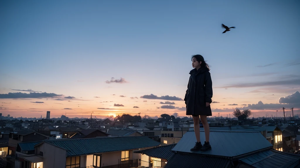 The girl is standing on the rooftop at dusk, looking at the shops opposite,There was a large flock of crows flying nearby.,Slightly black tone,Girls, don't portray it too clearly.