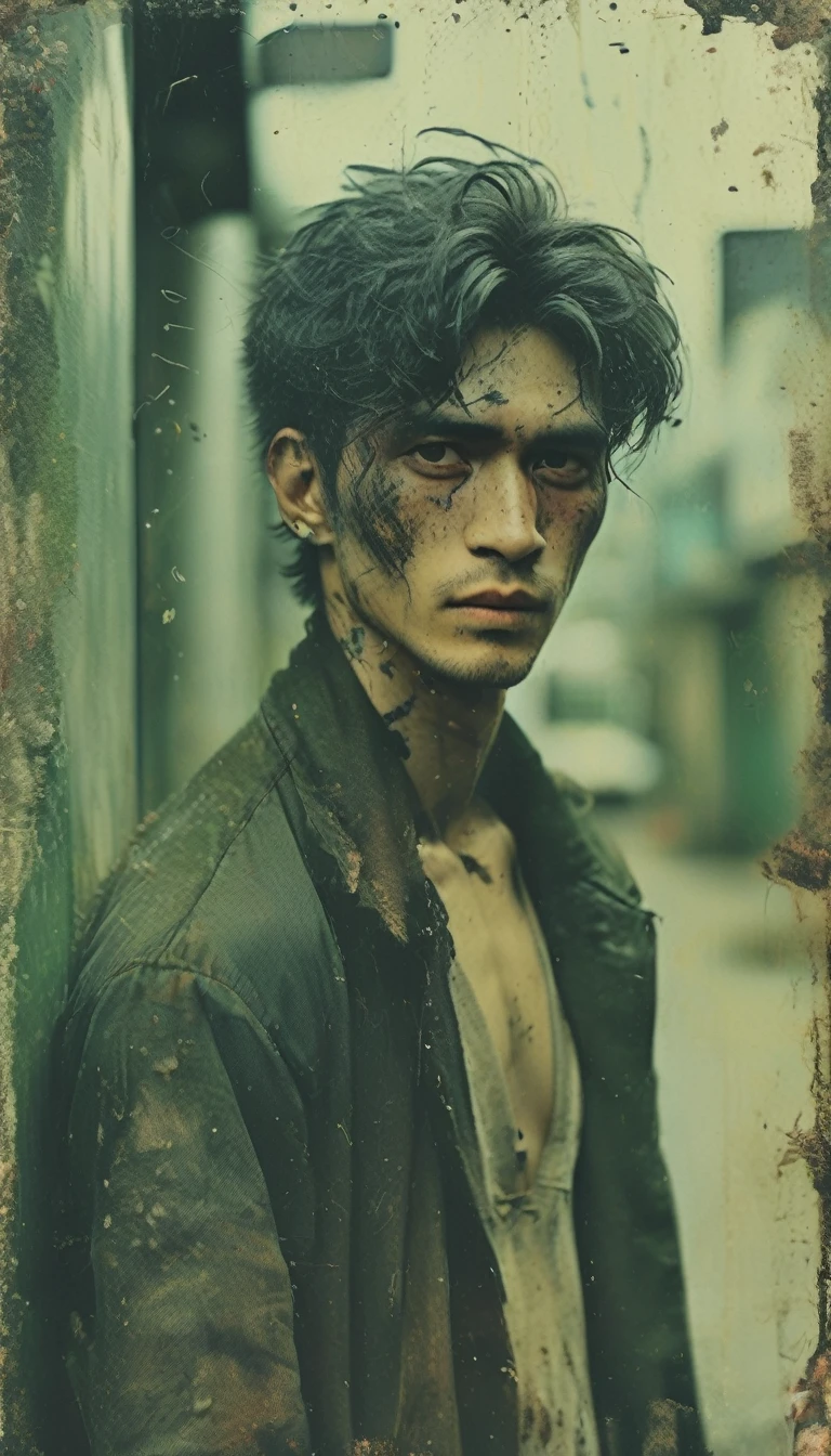 masterpiece, Highest quality, Realistic, Cinematic, Detailed face, 8k, Ultra-high resolution, シャープなフォーカスmovieのような写真 , Highest quality, Super detailed, 8k, mysterious, Messy green hair, 35mm photo, movie, Bokeh, Professional, 4K, Very detailed、male、Topless,Very ugly、Dirty skin,movieのような雰囲気、Big black pants,The green hair is messy,、Has two sickles、Very dirty、The background is an abandoned old Japanese town.、Japanese、Surprisingly skinny,There are many warts on the face、Skin and bones,Big black pants,There are many warts on the face、Morbid thinness、Has two sickles、Very scary、不気味なmale、The eyes are small and droopy,The nose is very low and flat,Mouth open,Shark-like teeth,Pure white, bloodless skin,