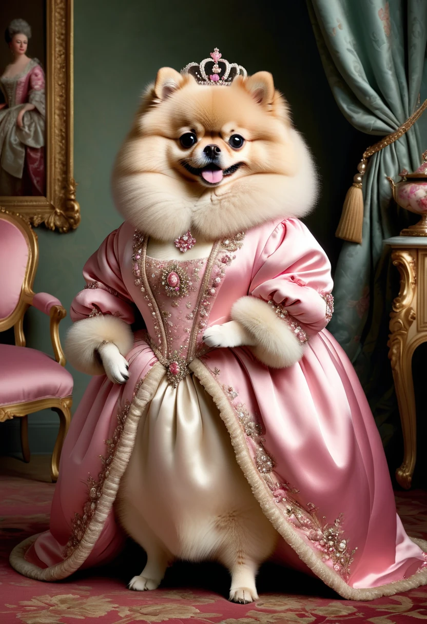 photorealistic portrait of Dressed animals - a ((fat)) (Pomeranian) princess, (furry),(full body image:1.5),(elegant pose:1.5) Wearing luxury sack-back gown,(wearing luxury tiara),(hands on hips:1.5),(happy),(smile:1.5), Old-fashioned luxury loyal pink dress, detailed and opulent description of a loyal aristocratic sack-back gown in Rococo , emphasizing luxurious fabrics, intricate embroidery, and ornate accessories, Rococo style king palace  background,(looking at viewer:1.5),score_9, score_8_up, score_7_up, score_6_up, score_5_up, score_4_up,